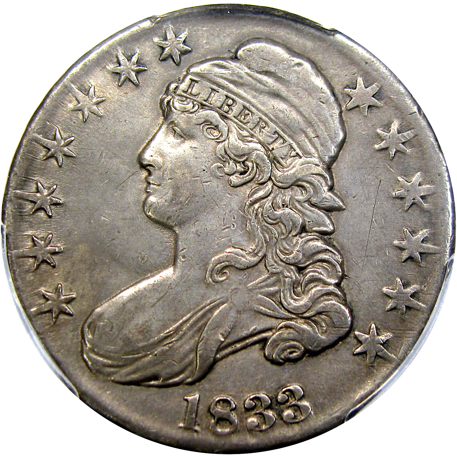1833 50C PCGS AU DETAILS CAPPED BUST ~ RICH TONING & CHOICE AU DETAILS