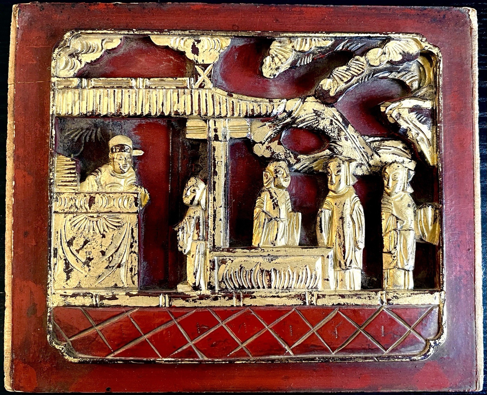 Chinese Temple Antique Hand Carved Gilt Red Lacquer Wood Panel Taiwan Folk Art