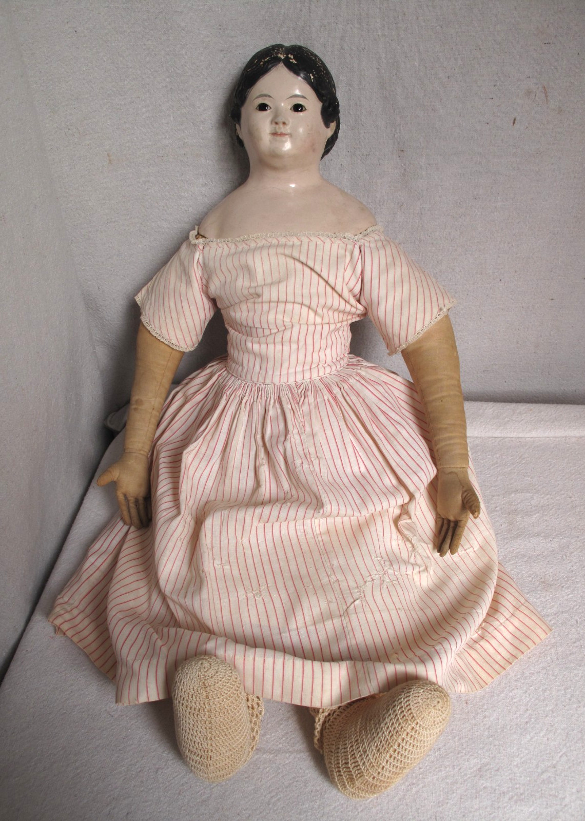 Antique 25” Papier Mache Shoulder Head Greiner Doll w/ Glass Eyes, Exposed Ears Antique 25” Papier Mache Shoulder Head Greiner Doll w/ Glass Eyes, Exposed Ears