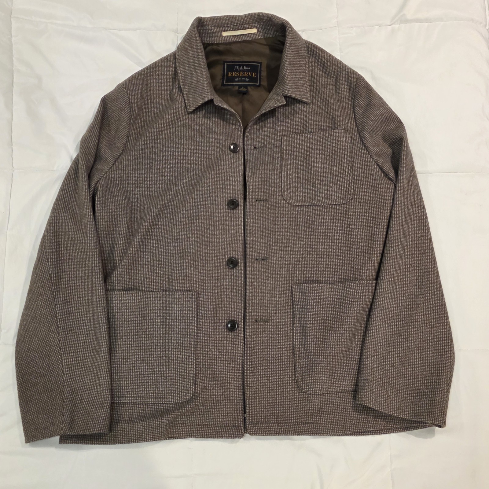 Jos A Bank Reserve Tailored Fit Chore Jacket Mens L Brown Wool Blend Micro Check