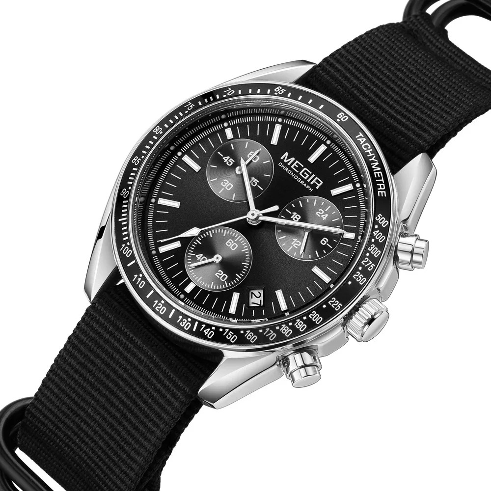 MEGIR New Luxury Men\'s Watches Canvas Weaving Strap Sport Automatic Chronograph