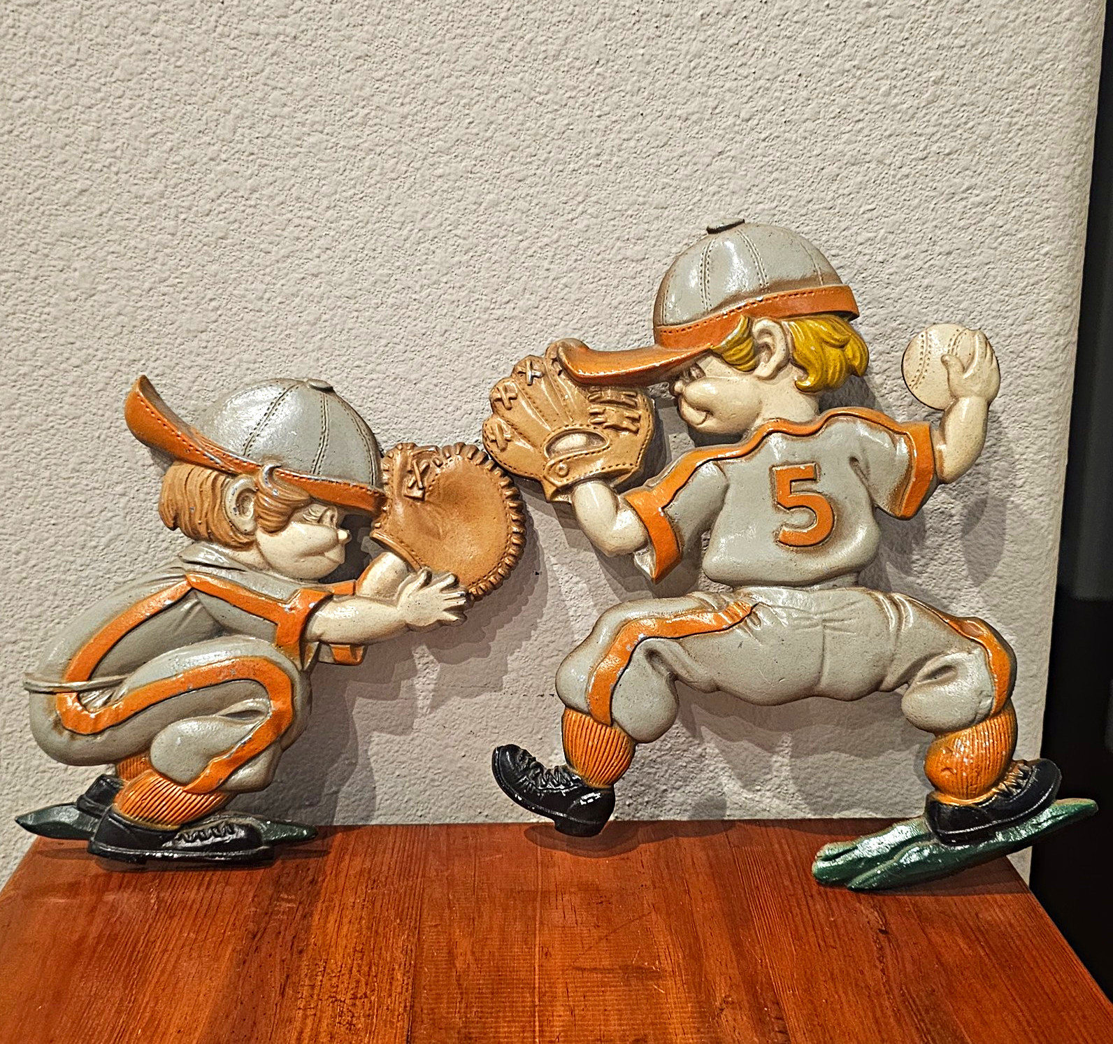 Vintage 1970s Sexton Baseball Player Wall Plaque Set 3D Cast Metal Sports Decor