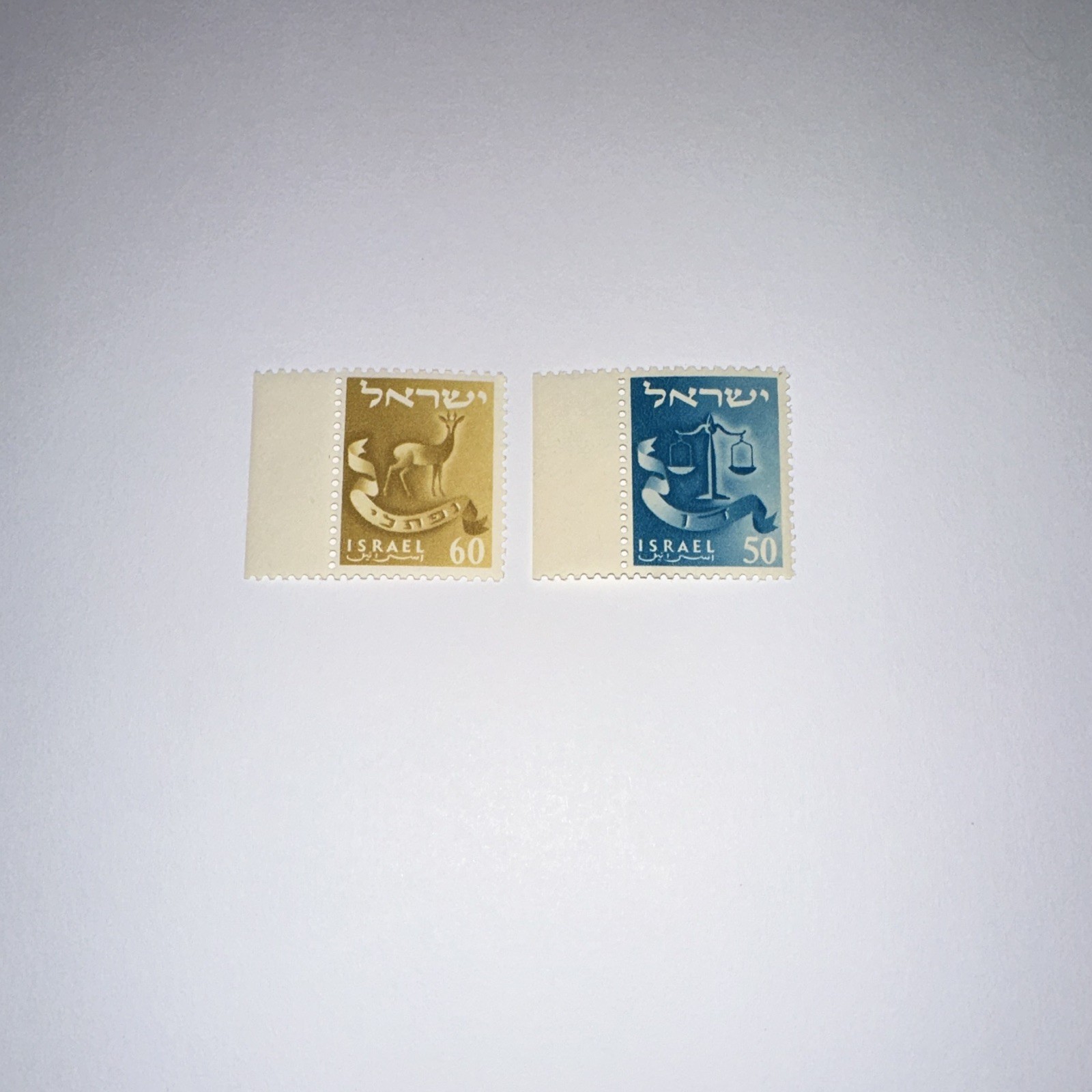 1955 Israel Postage Stamps National Emblems 50 & 60 Brown Blue MNH Pair 1955 Israel Postage Stamps National Emblems 50 & 60 Brown Blue MNH Pair