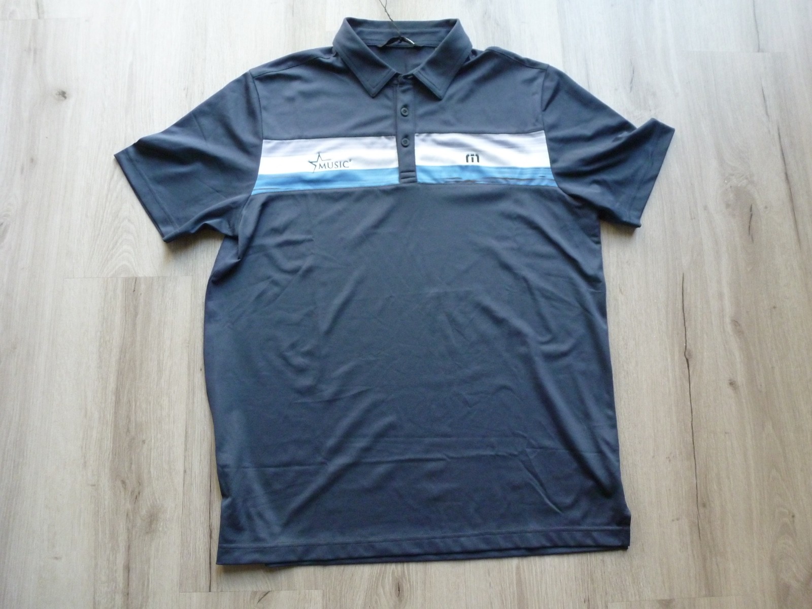 Travis Mathew Cabana Chest Stripe Golf Polo L Blue Embroidered Music Logo NWT Travis Mathew Cabana Chest Stripe Golf Polo L Blue Embroidered Music Logo NWT