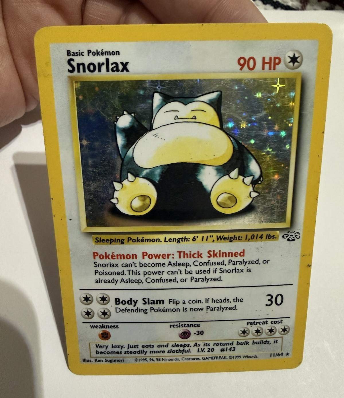 WotC Snorlax Jungle Holo Rare 11/64 Unlimited 90 HP English 1999 WotC Snorlax Jungle Holo Rare 11/64 Unlimited 90 HP English 1999
