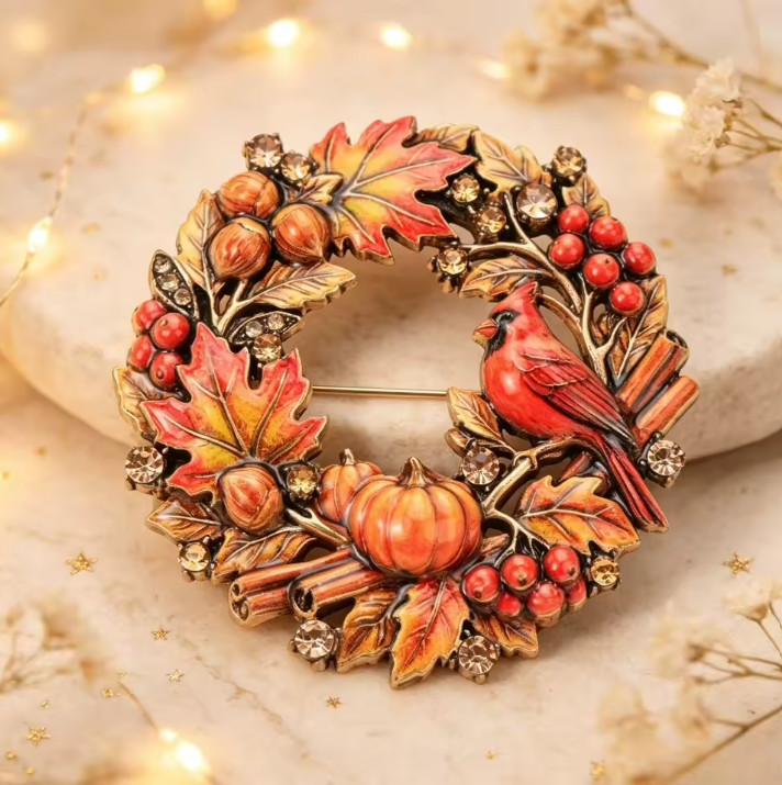 Vintage Christmas Wreath Brooch Pumpkin Red Rhinestone Cardinal Fall Pin Jewelry