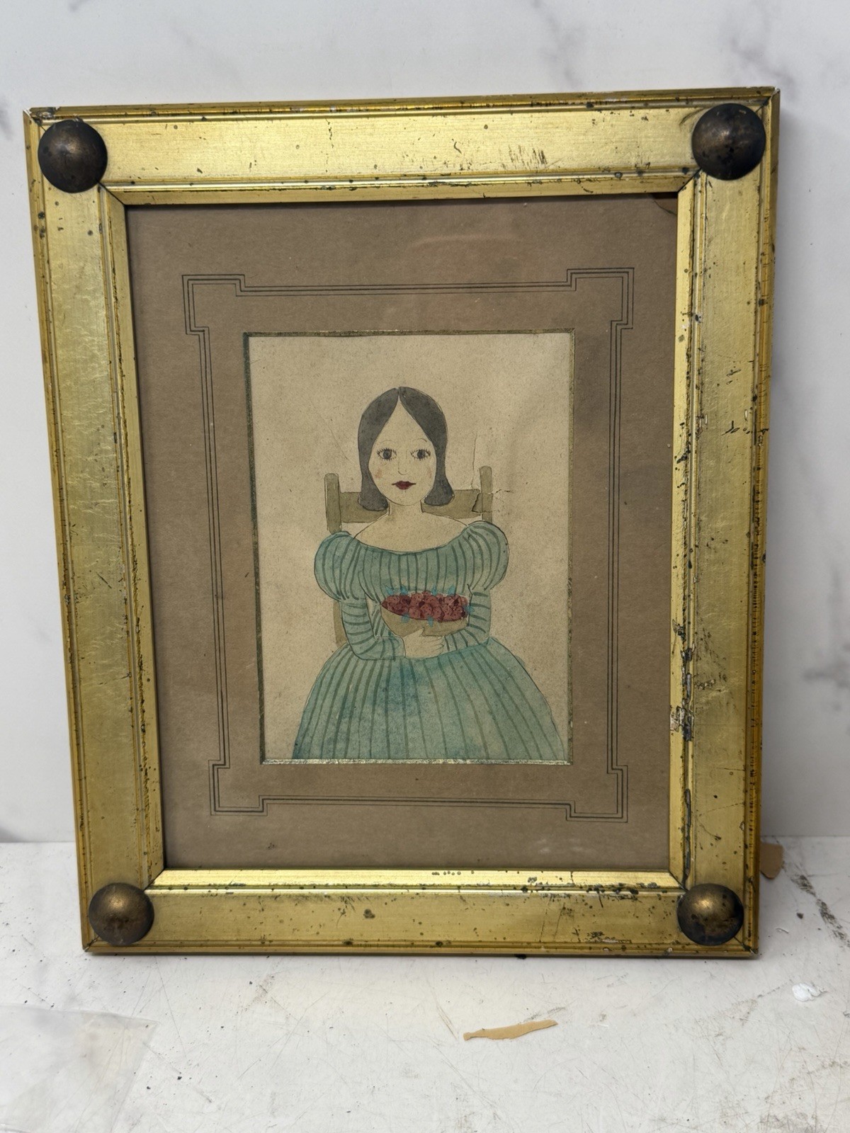 Antique 1840s Folk Art Watercolor Portrait Girl Strawberries Primitive