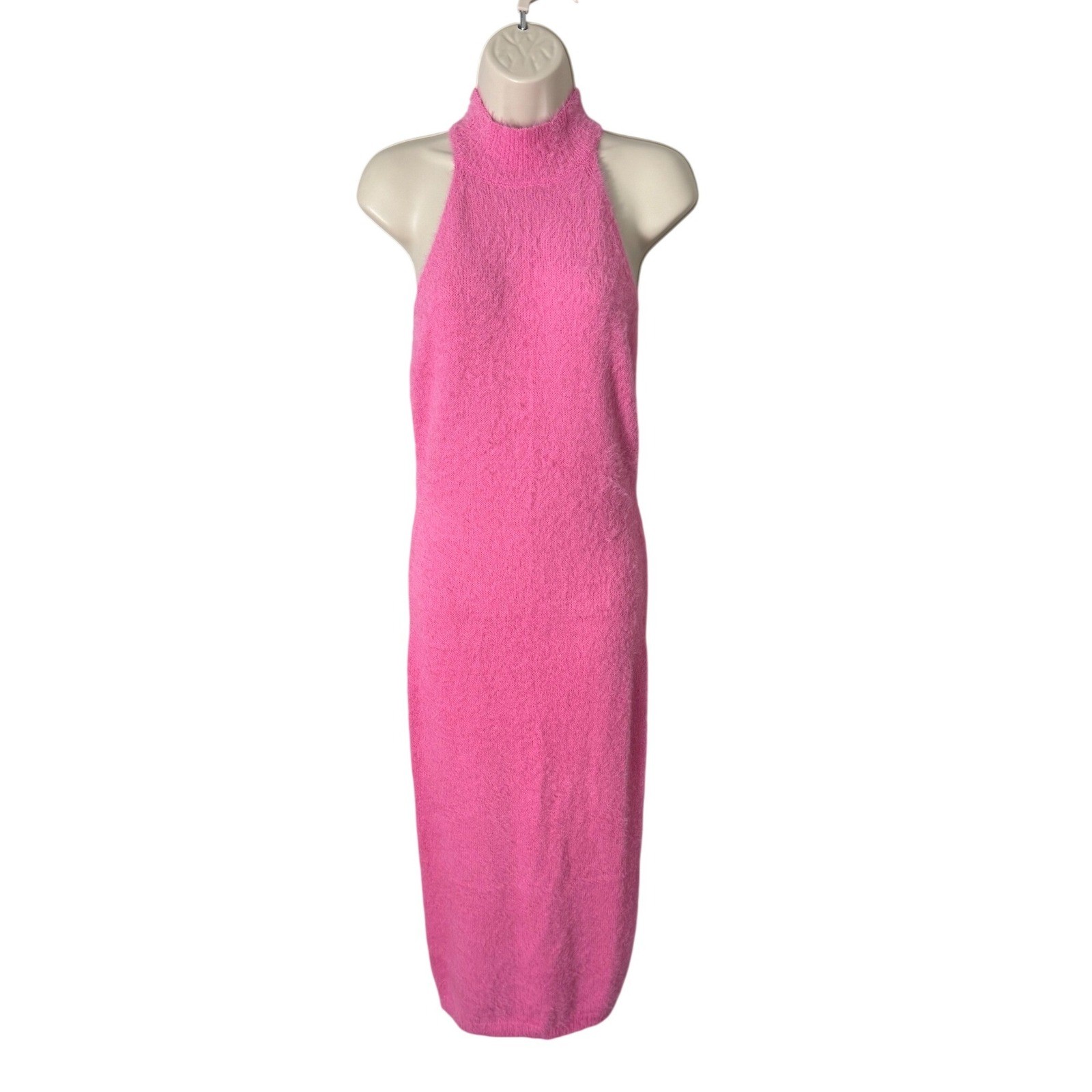 Lilly\'s Kloset Eyelash Knit Halter Maxi Dress Pink Sz L Bodycon Cocktail Party