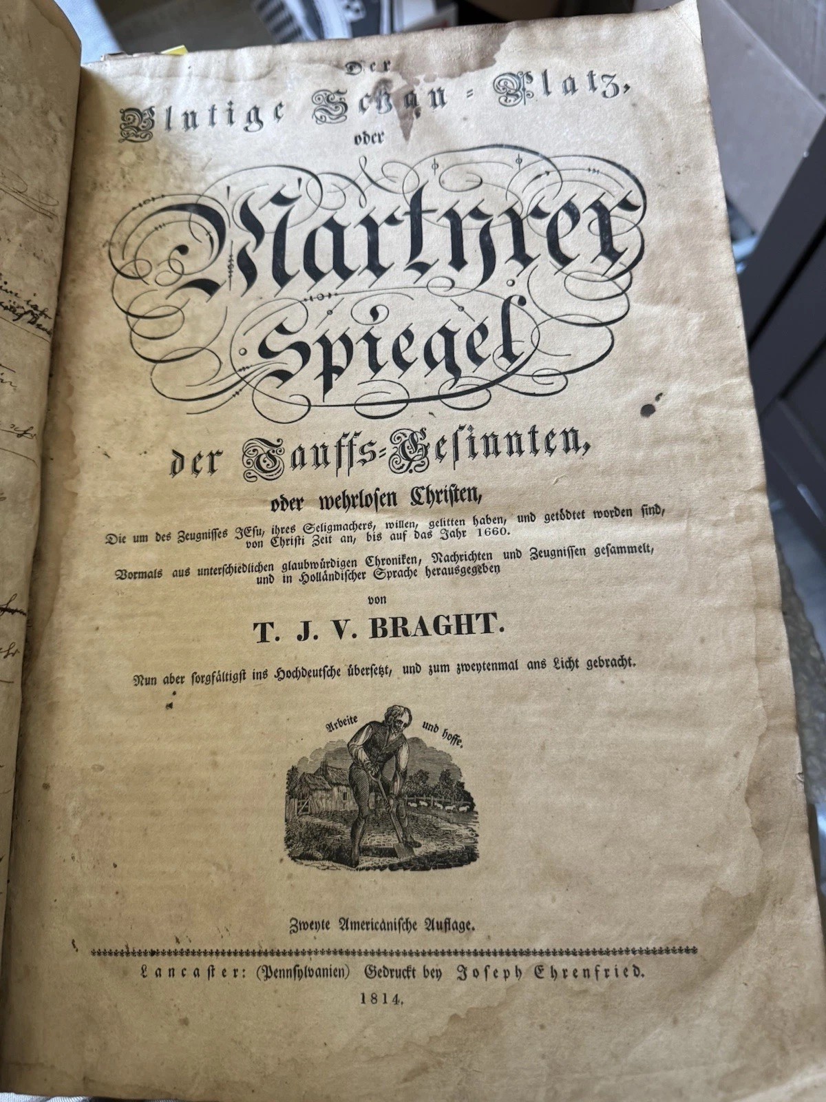 1814 Martyrs Mirror Martyrer Spiegel Lancaster PA Mennonite German Antique Book
