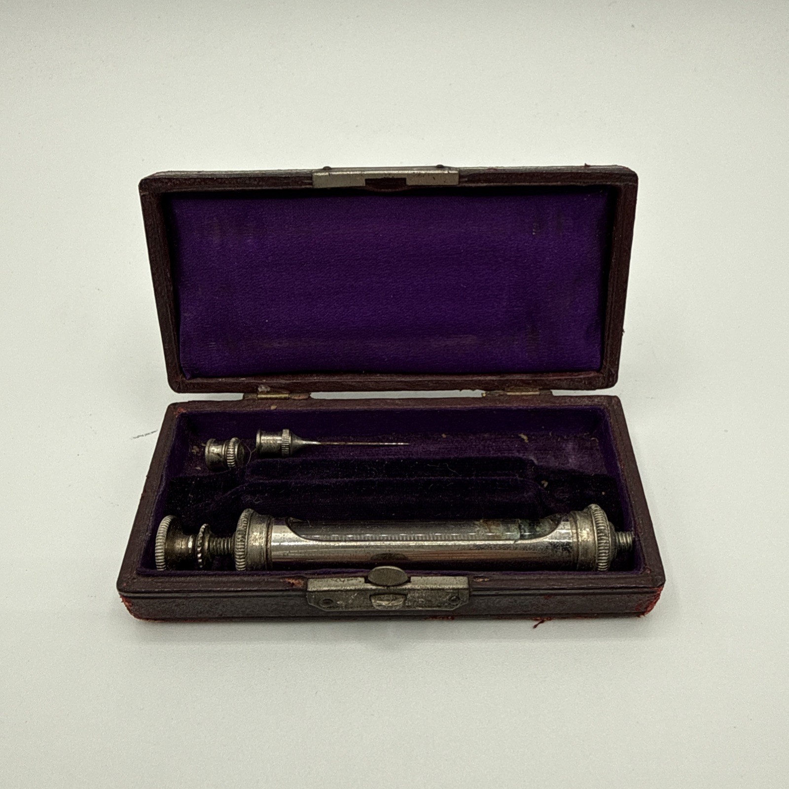 Antique c1920s Record Type Hypodermic Syringe Needle Kit Glass Metal Case