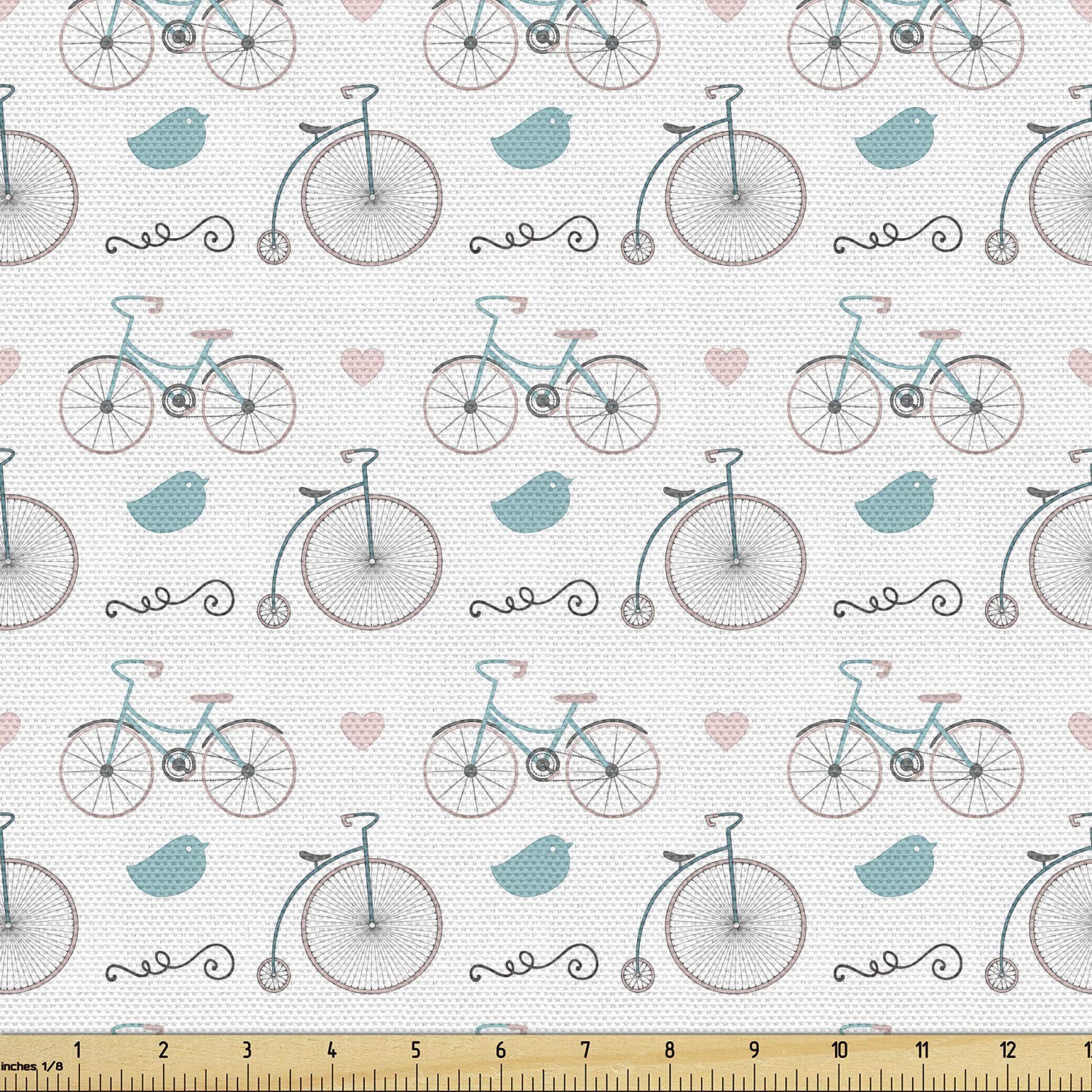 Bicycle Fabric by The Yard, Diverse Size Repeating Nostalgic Bikes with Heart...