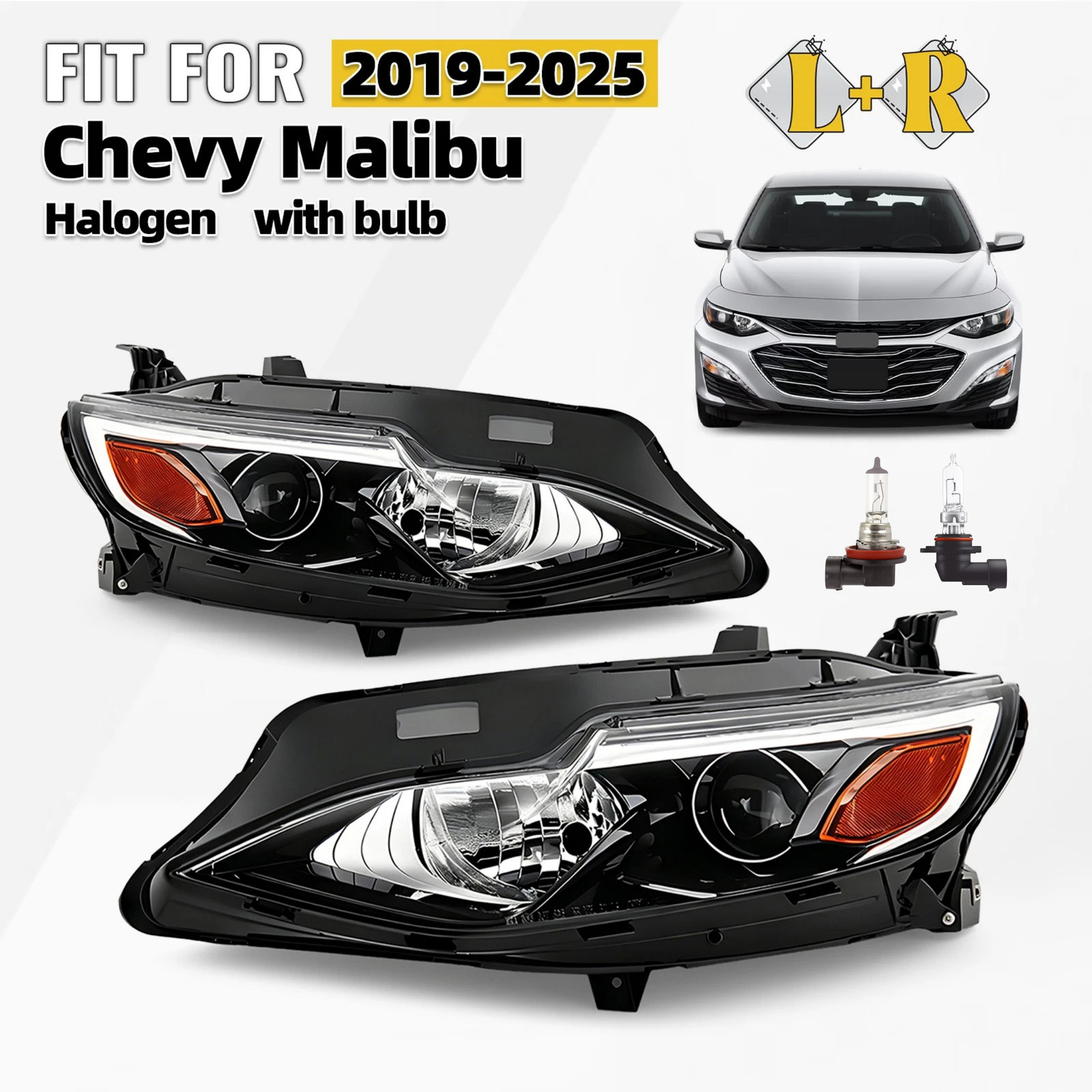 Halogen Headlight For 2019-2025 Chevy Malibu RS/LS/LT w/ Bulb Left+Right Pair Halogen Headlight For 2019-2025 Chevy Malibu RS/LS/LT w/ Bulb Left+Right Pair