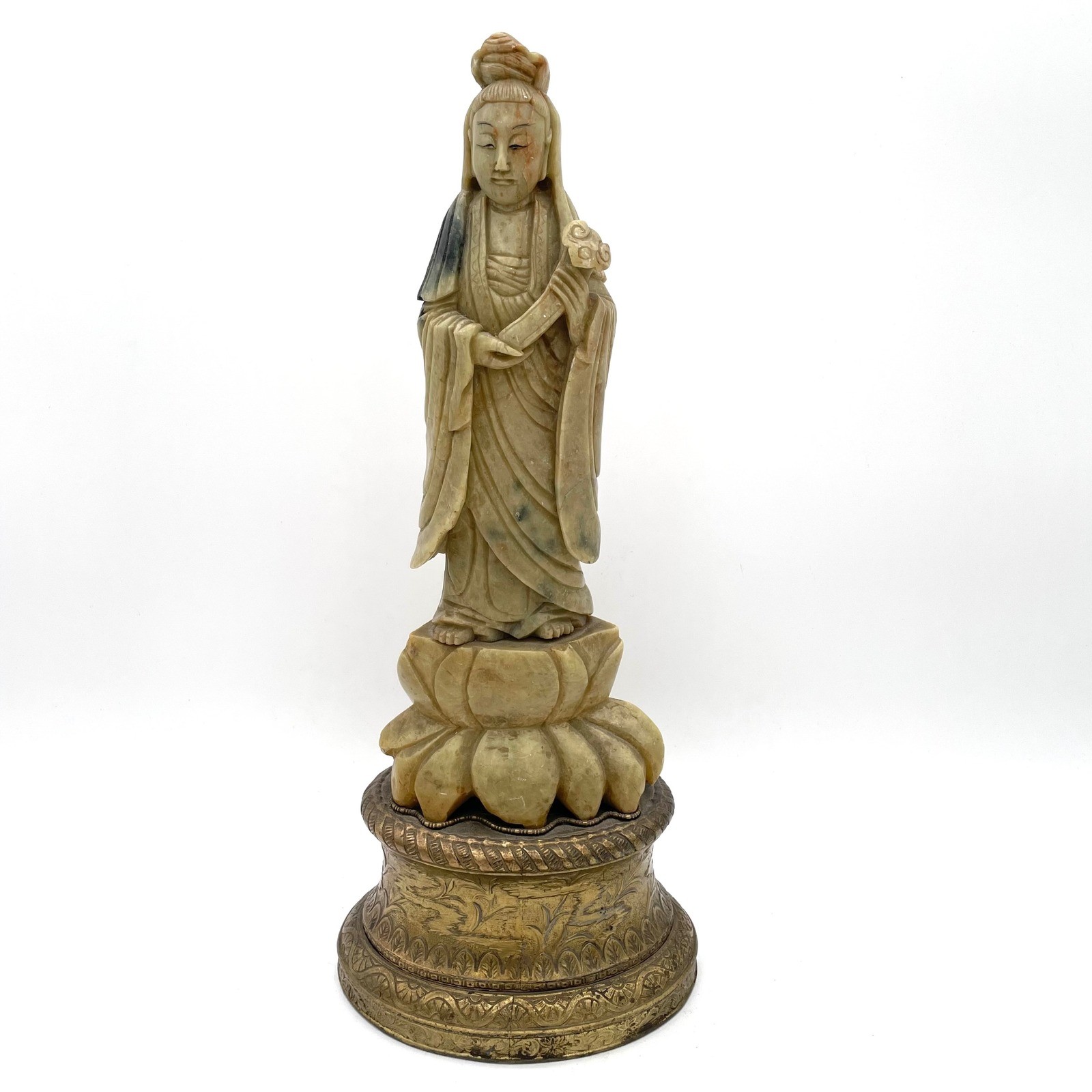 Vintage Chinese Carved Hardstone Guanyin Statue Nephrite Jade Ornate Brass Base
