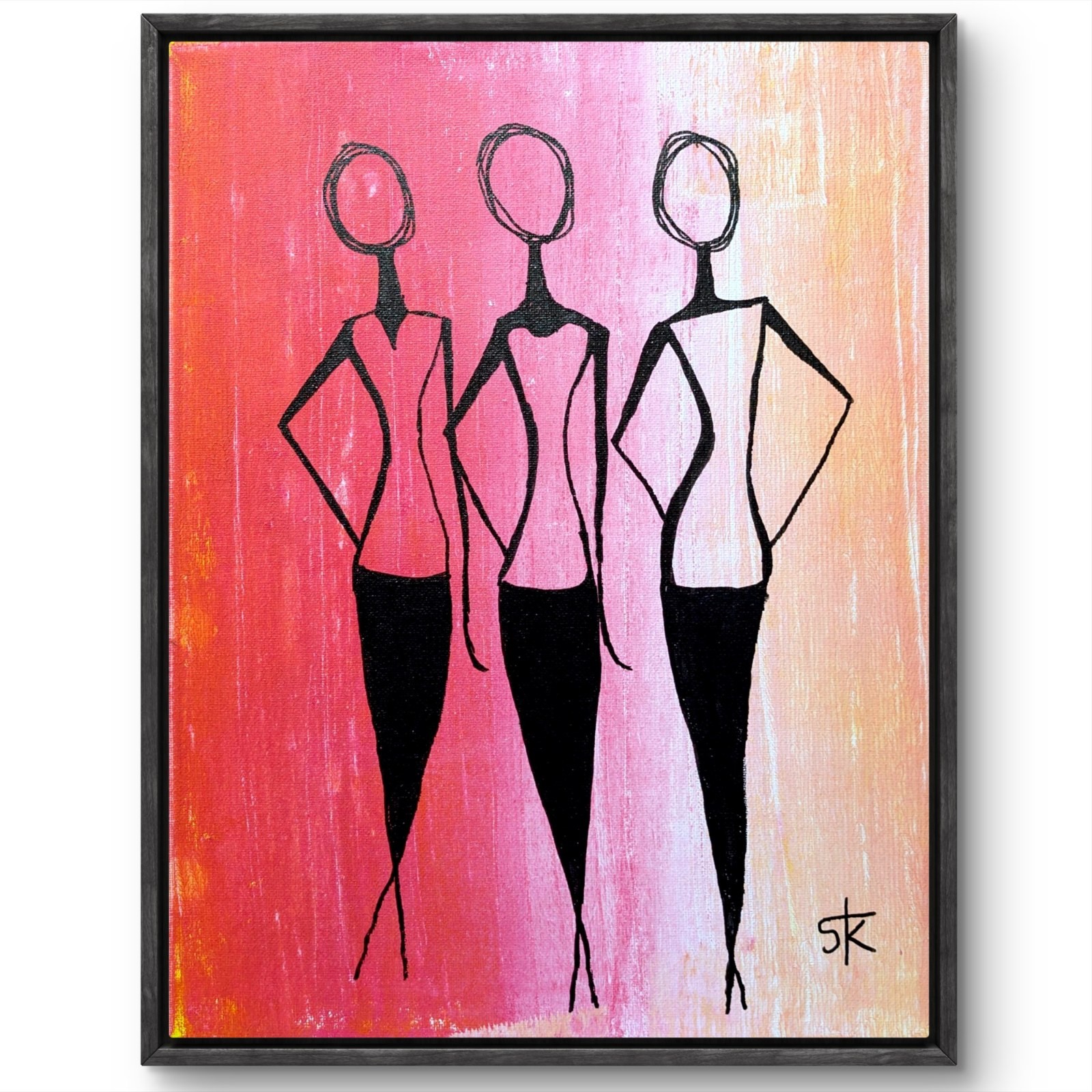 Original Acrylic 14x11 Pink Abstract Three Fashion Figures Painting Canvas