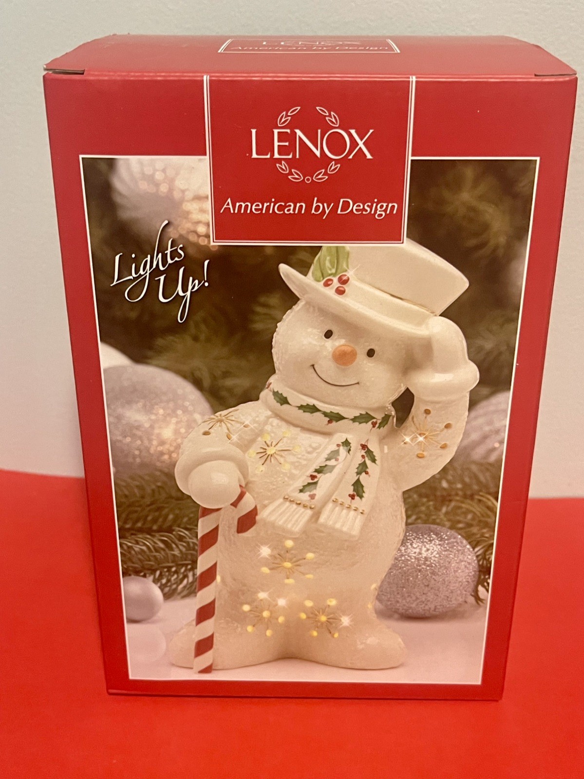 Lenox Happy Holly Days Snowman With Candy Cane Lit Figurine. Lenox Happy Holly Days Snowman With Candy Cane Lit Figurine.