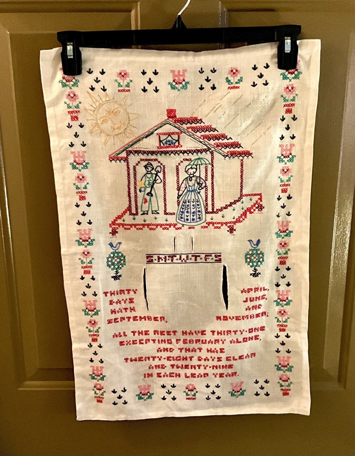 Vintage Hand Stitched & Embroidered PERPETUAL CALENDAR SAMPLER 16 x 24 Vintage Hand Stitched & Embroidered PERPETUAL CALENDAR SAMPLER 16 x 24