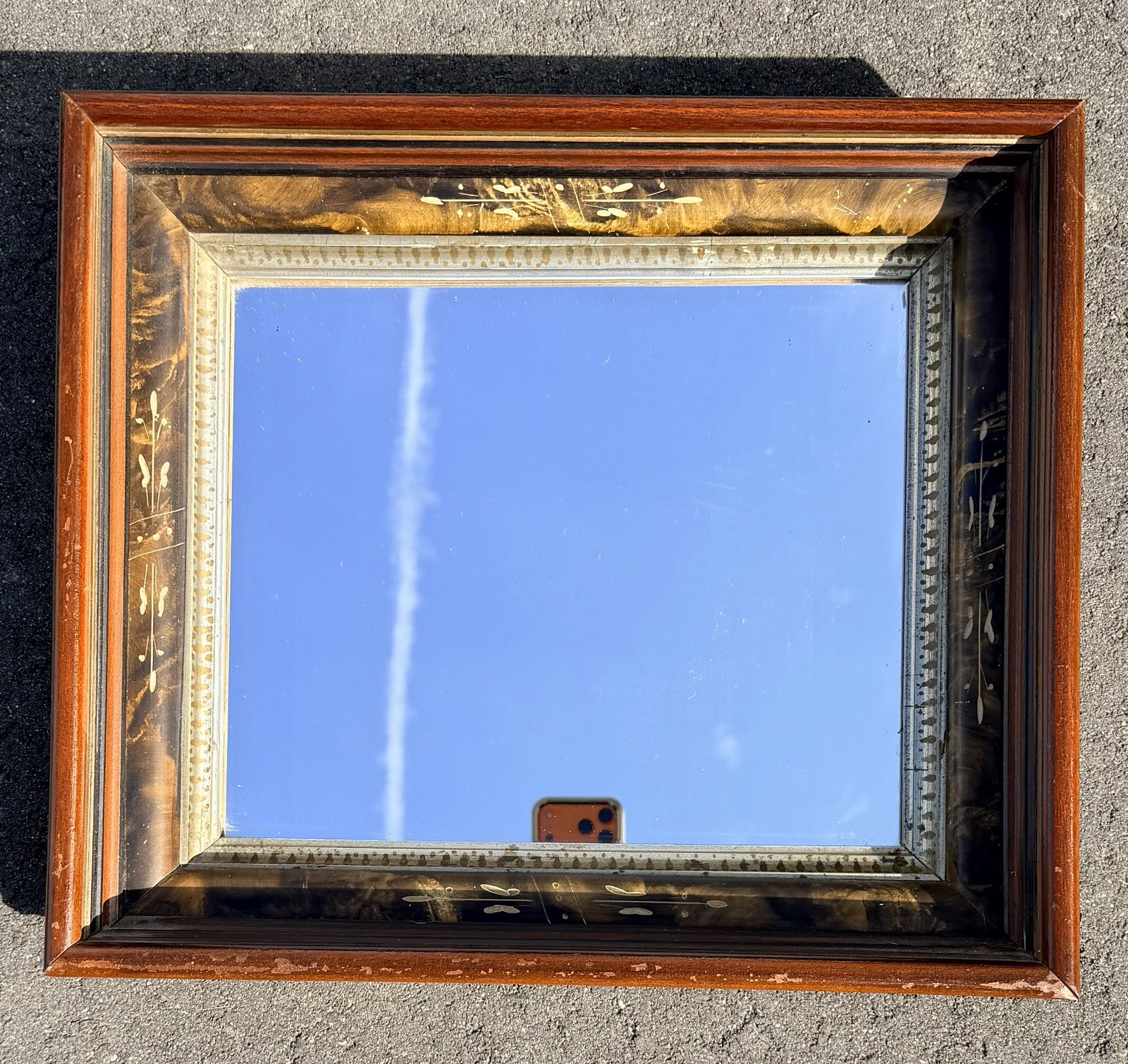 1880s Antique Victorian Faux Tortoiseshell Wood Wall Mirror Gilt Frame 14x16