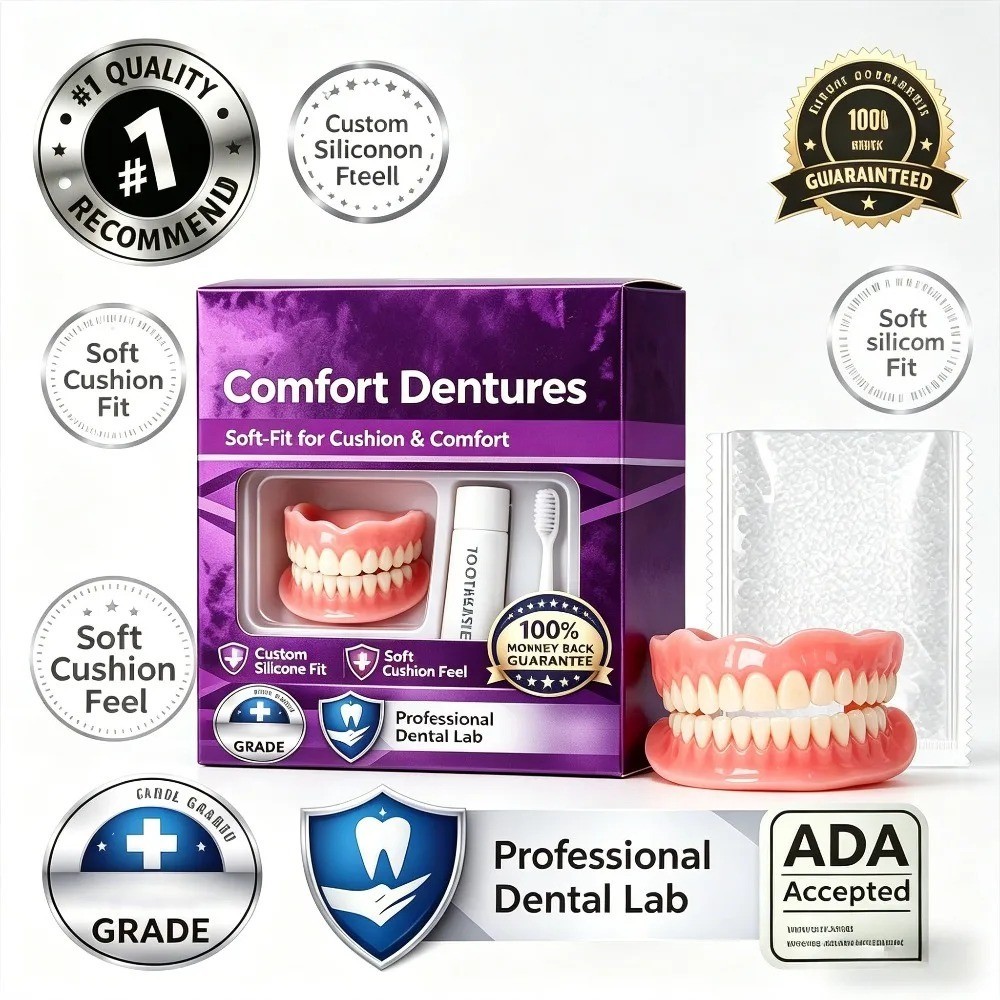 Moldable Silicone Dentures Upper Lower False Teeth Set Instant Smile Toothbrush 