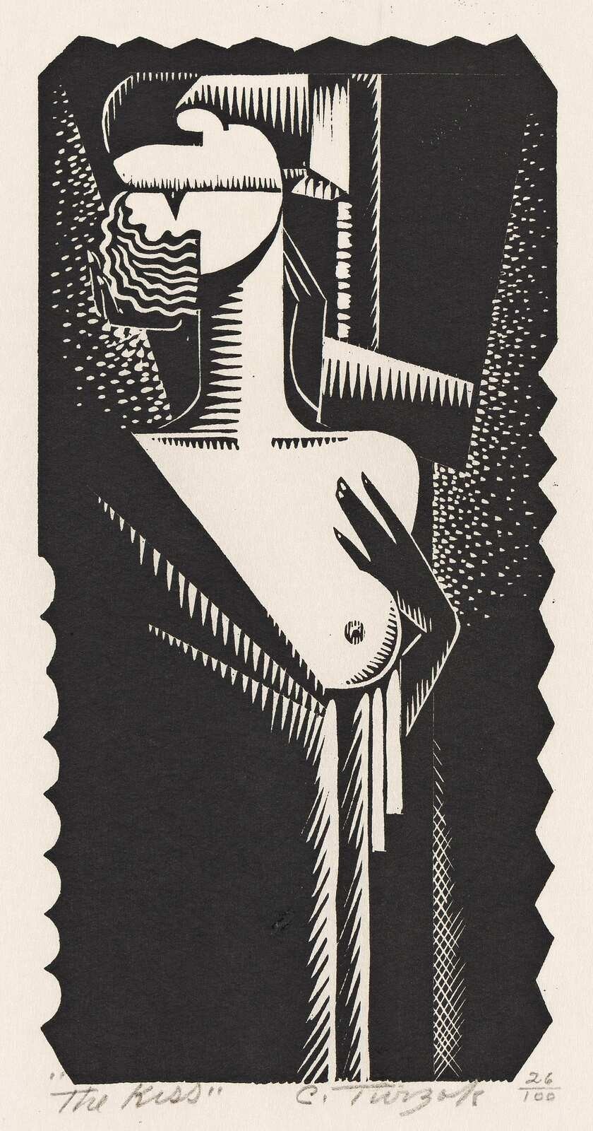 Charles Turzak : The Kiss : Cubist Style Figure Woodcut Art Print 1932   11x17