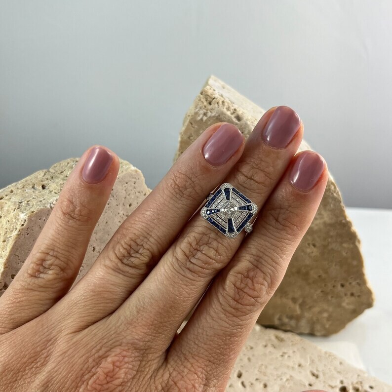 Asscher Cut Diamond Sapphire Platinum Ring Natural 1.45 CTW Art Deco Inspired Asscher Cut Diamond Sapphire Platinum Ring Natural 1.45 CTW Art Deco Inspired