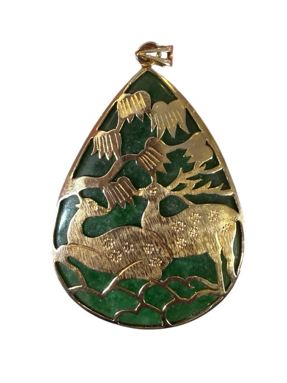 Vintage Asian Teardrop Pendant Aventurine Stone w/ Gold Tone Overlay Deer Stag Vintage Asian Teardrop Pendant Aventurine Stone w/ Gold Tone Overlay Deer Stag