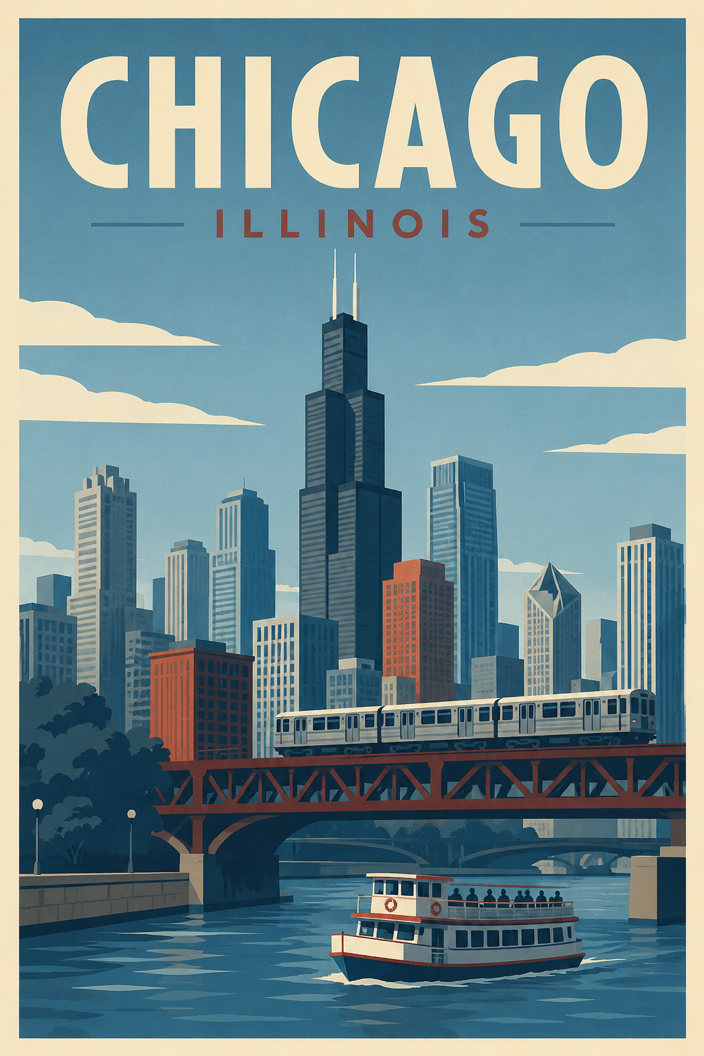 Chicago Illinois 11x17 Travel Poster Sears Willis Tower Scenic Wall Art