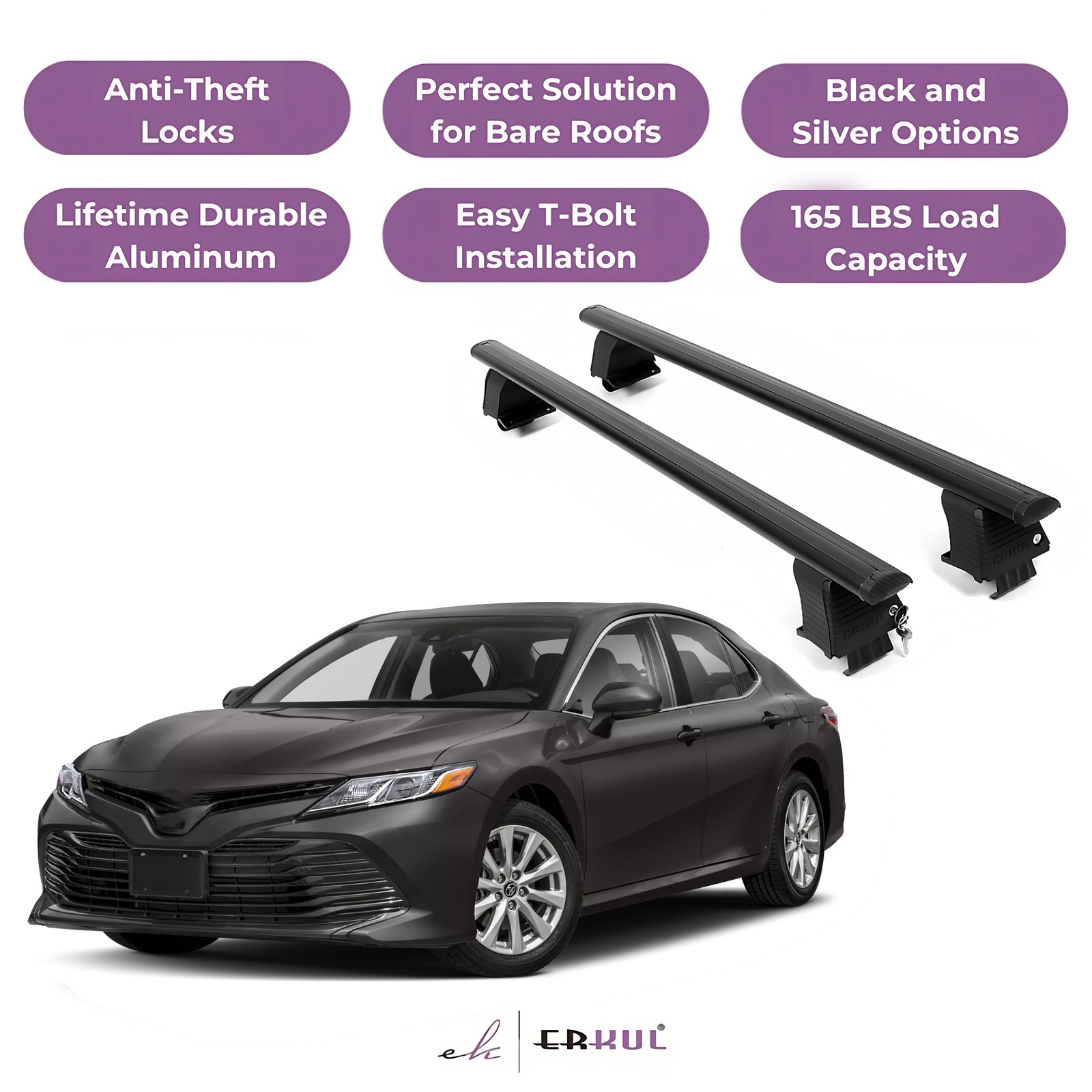 ERKUL Roof Rack Crossbars For TOYOTA CAMRY 2018-2024 Naked Roof Aluminum Black