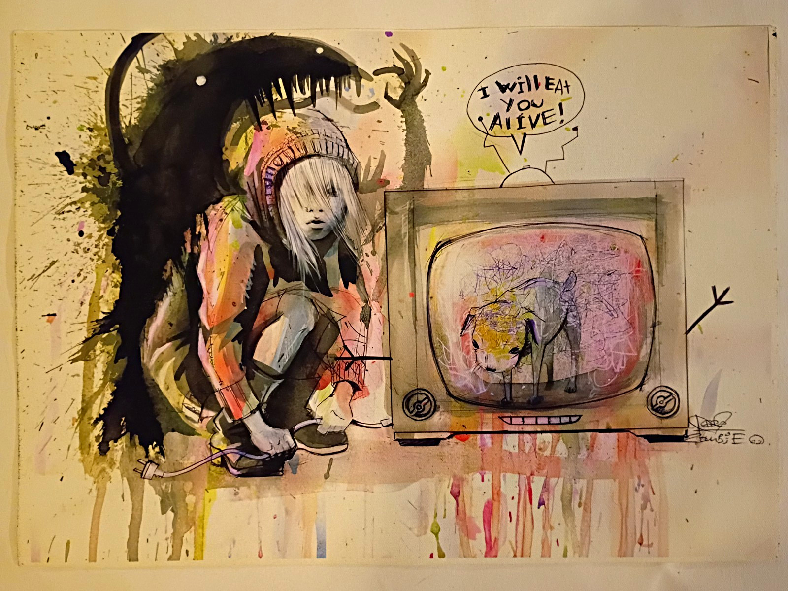 18in canvas Laura Zombie print - Woman with Television Mixed Media Multicolor