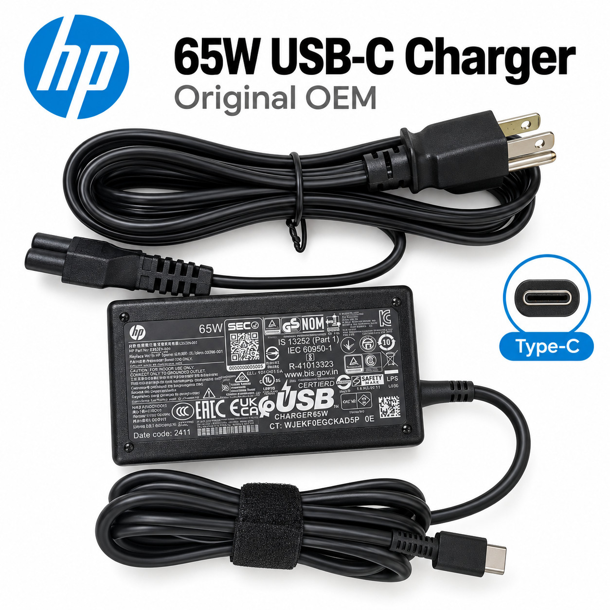 OEM HP 65W USB-C Type-C AC Charger EliteBook X360 G2 G3 G4 L65505-002 L67440-001