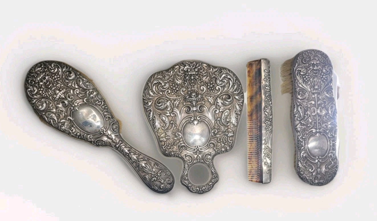 Howard & Co. Sterling Silver 4 pc Lot Antique Vanity Repousse RARE 22.1 Troy Oz
