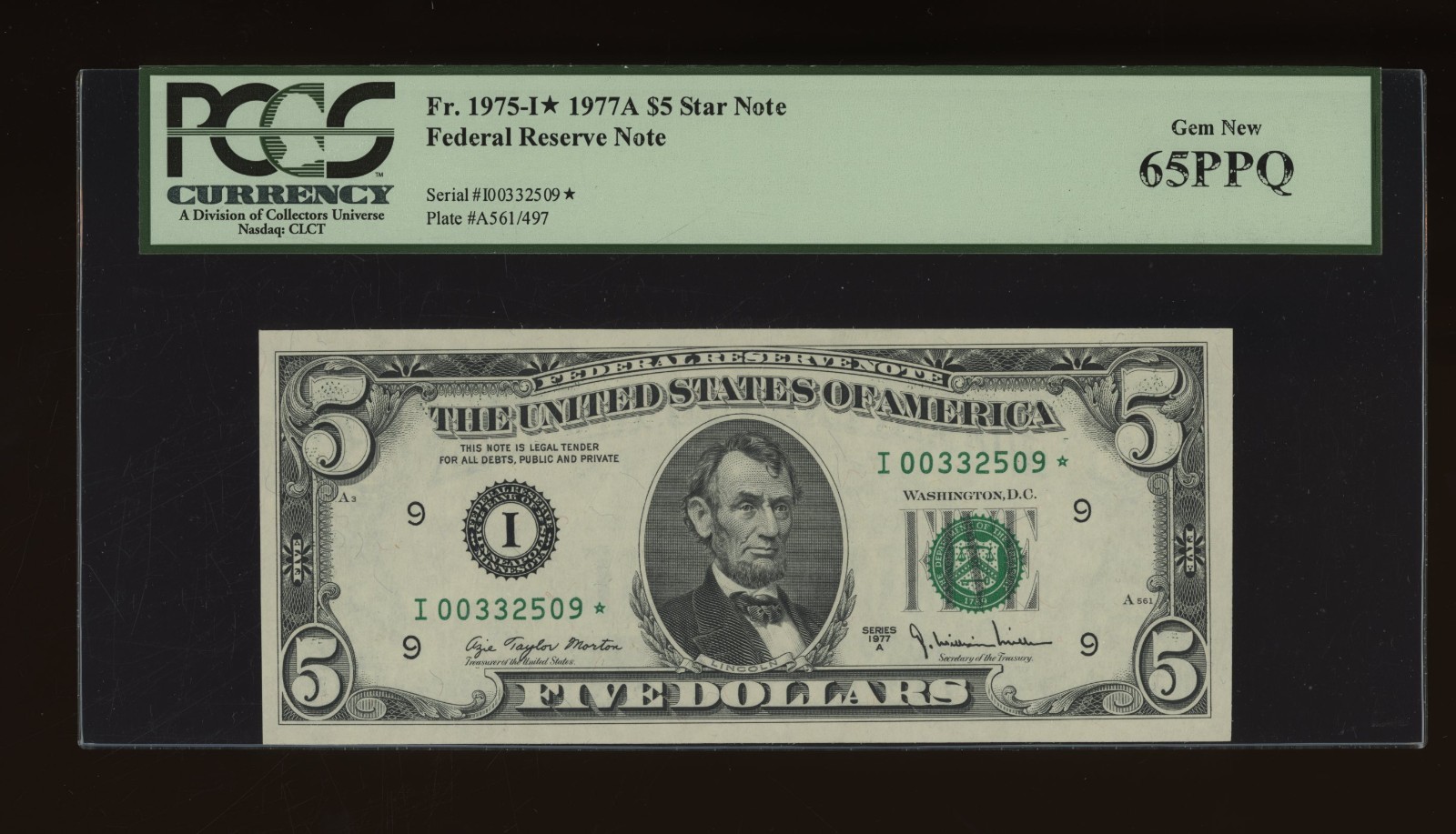 DBR 1977-A $5 FRN Minneapolis STAR Gem Fr. 1975-I* PCGS 65 PPQ Serial I00332509*