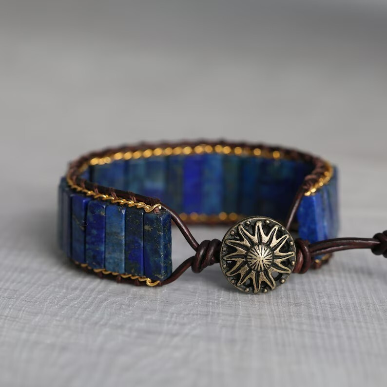 Natural Lapis Lazuli Gemstone Beads Healing Vintage Women Men Bracelet Bangle