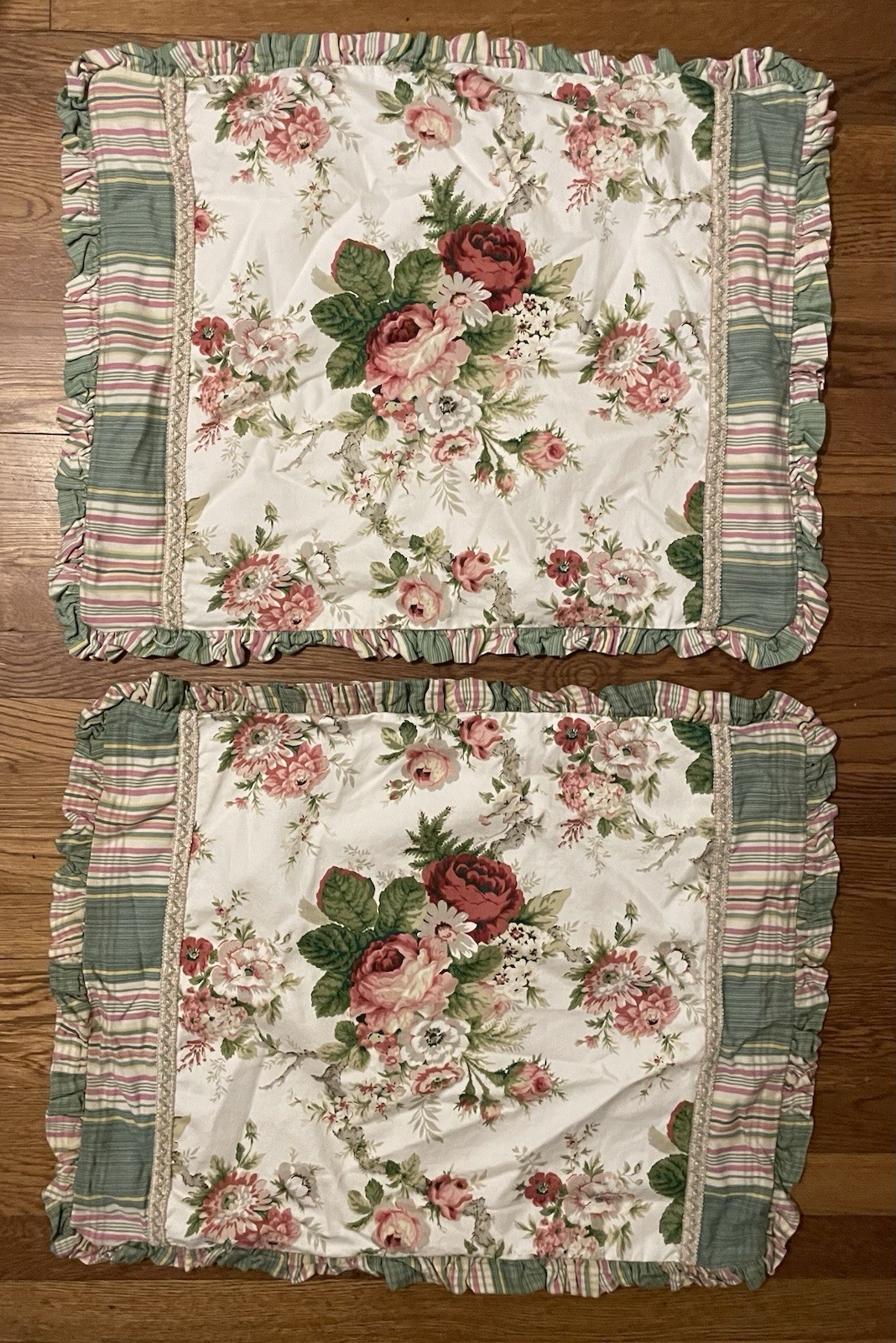 Waverly Floral Striped Ruffled Pillow Standard Shams Green, Pink White Set Of 2 Waverly Floral Striped Ruffled Pillow Standard Shams Green, Pink White Set Of 2