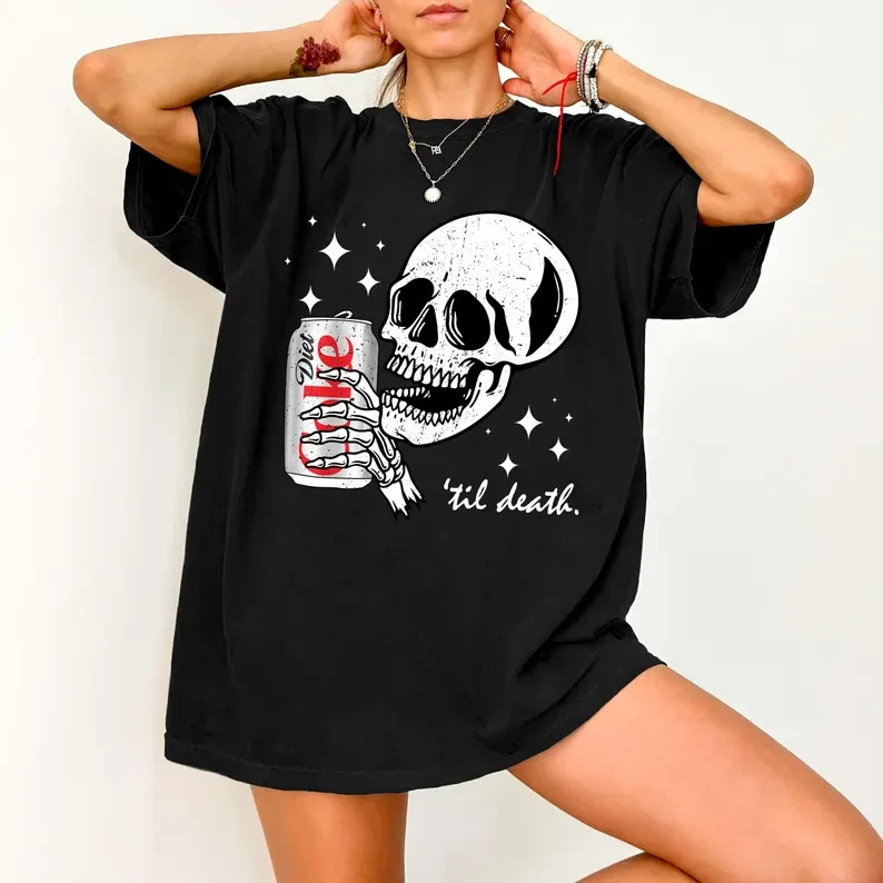 Funny Skeleton Drinking Soda Can Til Death T-Shirt Vintage Graphic Tee S-5XL