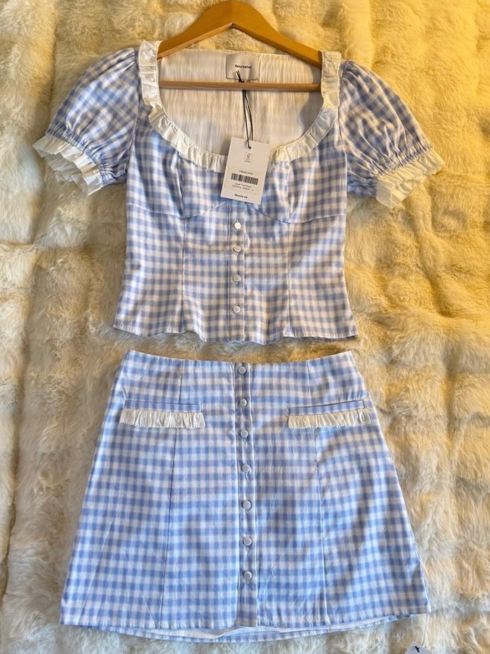 NWT Reformation Janell Two Piece In Crystal Check, brand new, never worn. NWT Reformation Janell Two Piece In Crystal Check, brand new, never worn.