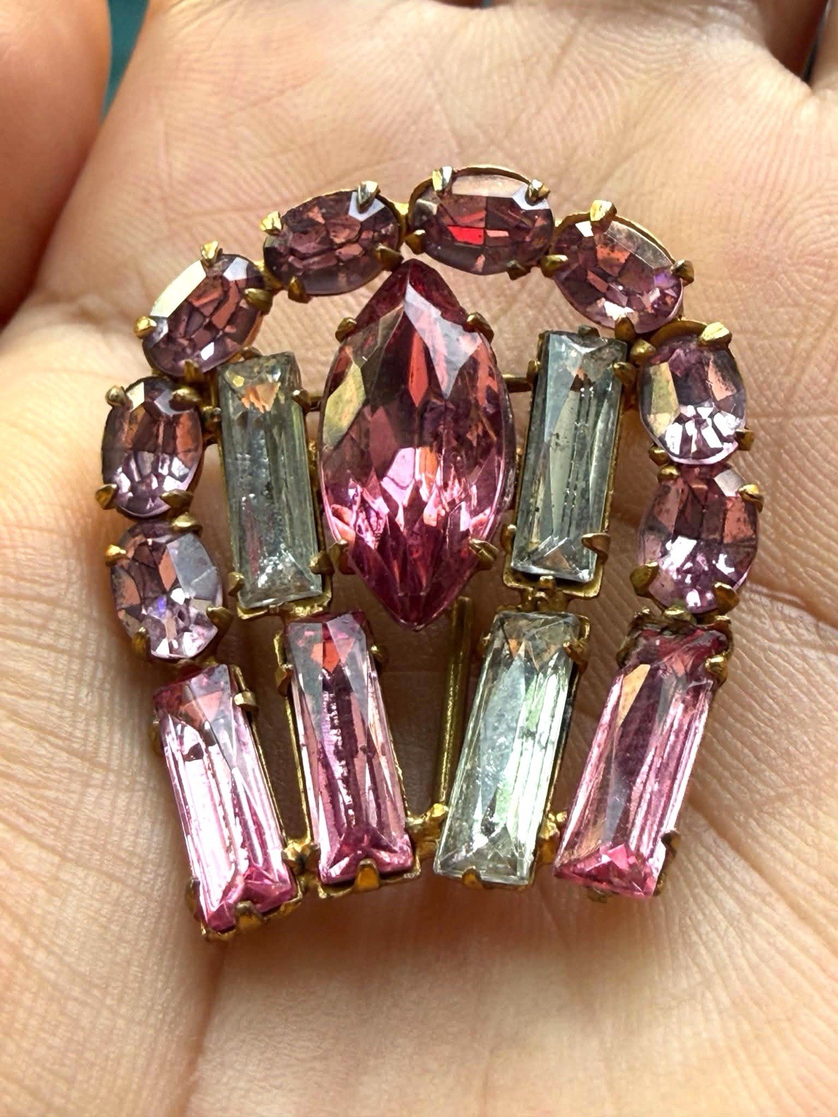 Vtg Unmarked Hot Pink & Clear Glass Rhinestones Baguettes Horseshoe? Brooch  Pin