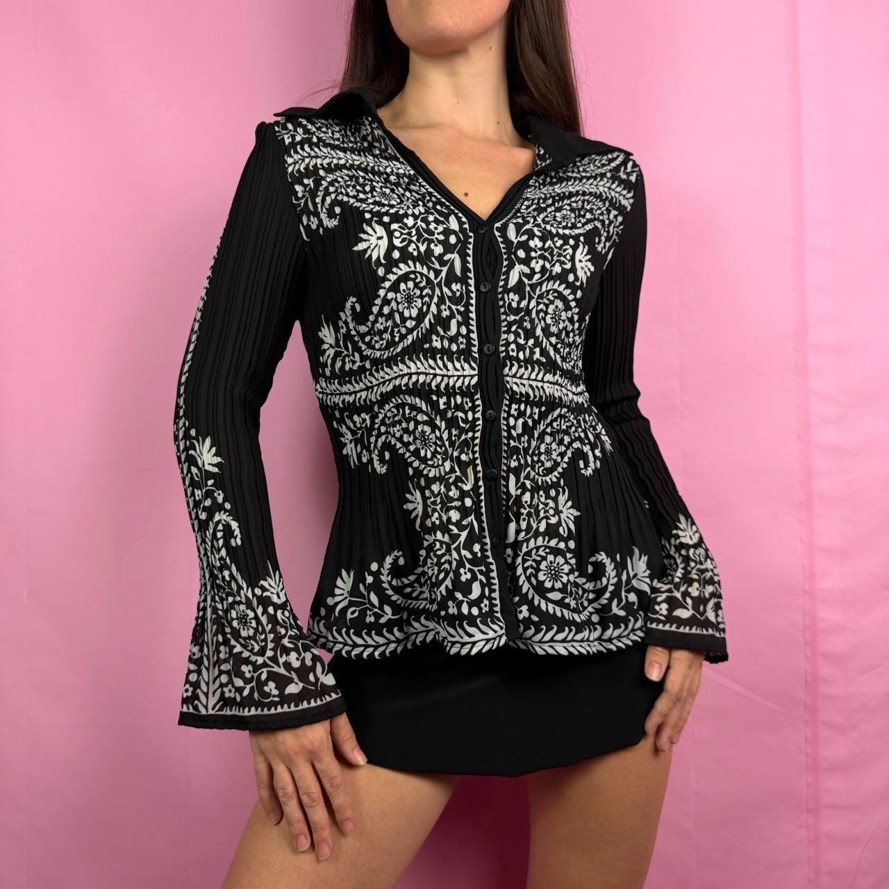 Y2k Whimsigoth Black White Bell Sleeve Top Women Med Corp core Blouse Y2k Whimsigoth Black White Bell Sleeve Top Women Med Corp core Blouse