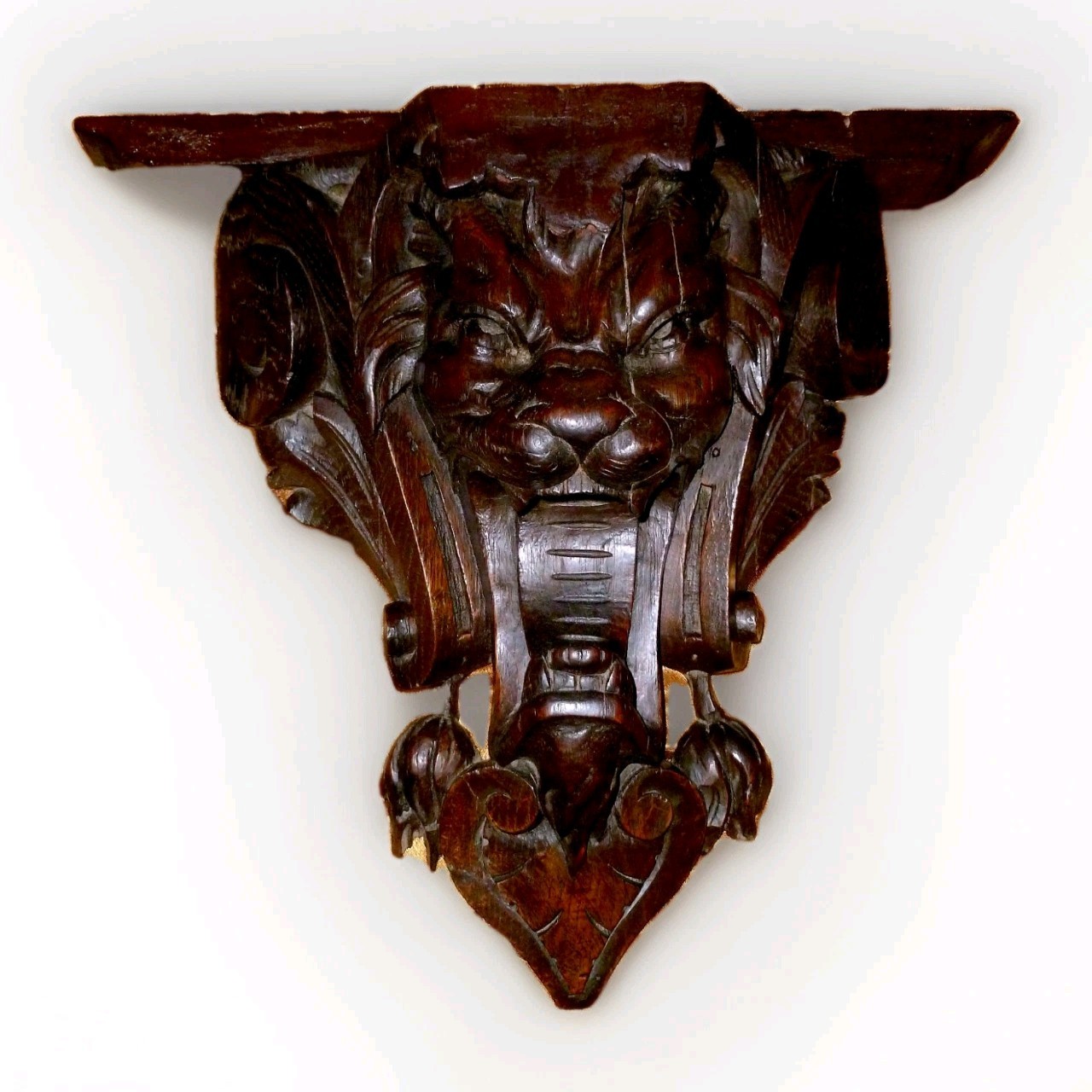 Antique French Renaissance Style HandCarved Oak Chimera Beast Devil Wall Bracket