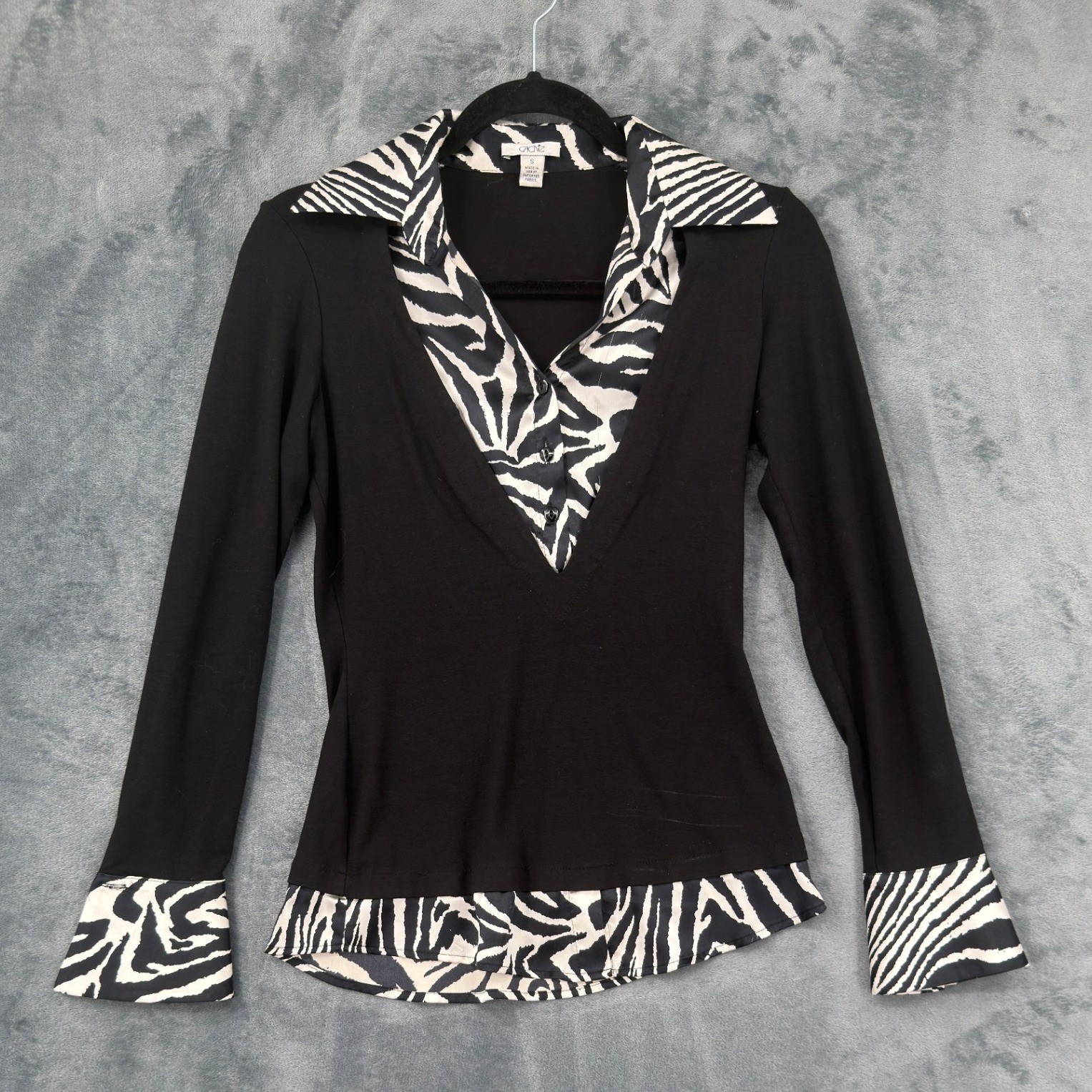 Vintage Cache Top Womens Size S Satin Zebra Trim Bodycon 90s Y2K Fitted Black