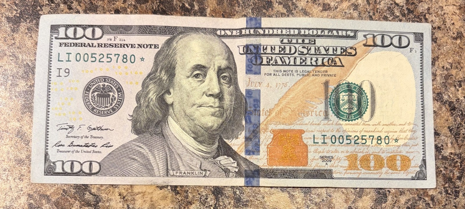 2009A $100 Star Note Birthday Serial Number 00525780* May 25th 1978 2009A $100 Star Note Birthday Serial Number 00525780* May 25th 1978