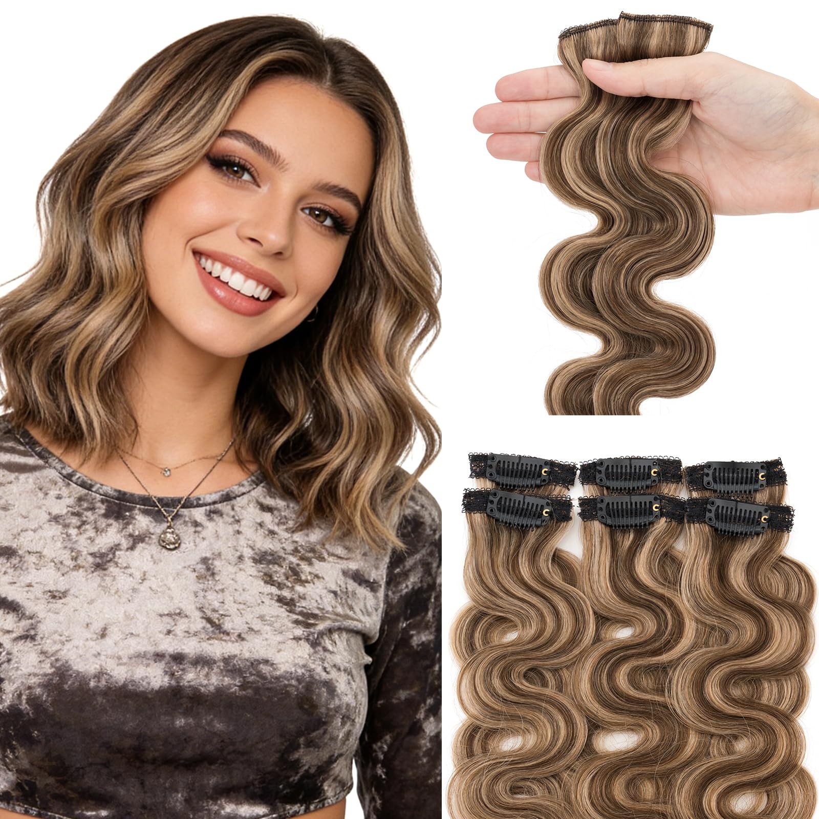 Hairro Clip In Human Hair Extensions 12 Inch Medium Brown Dark Blonde Hairro Clip In Human Hair Extensions 12 Inch Medium Brown Dark Blonde