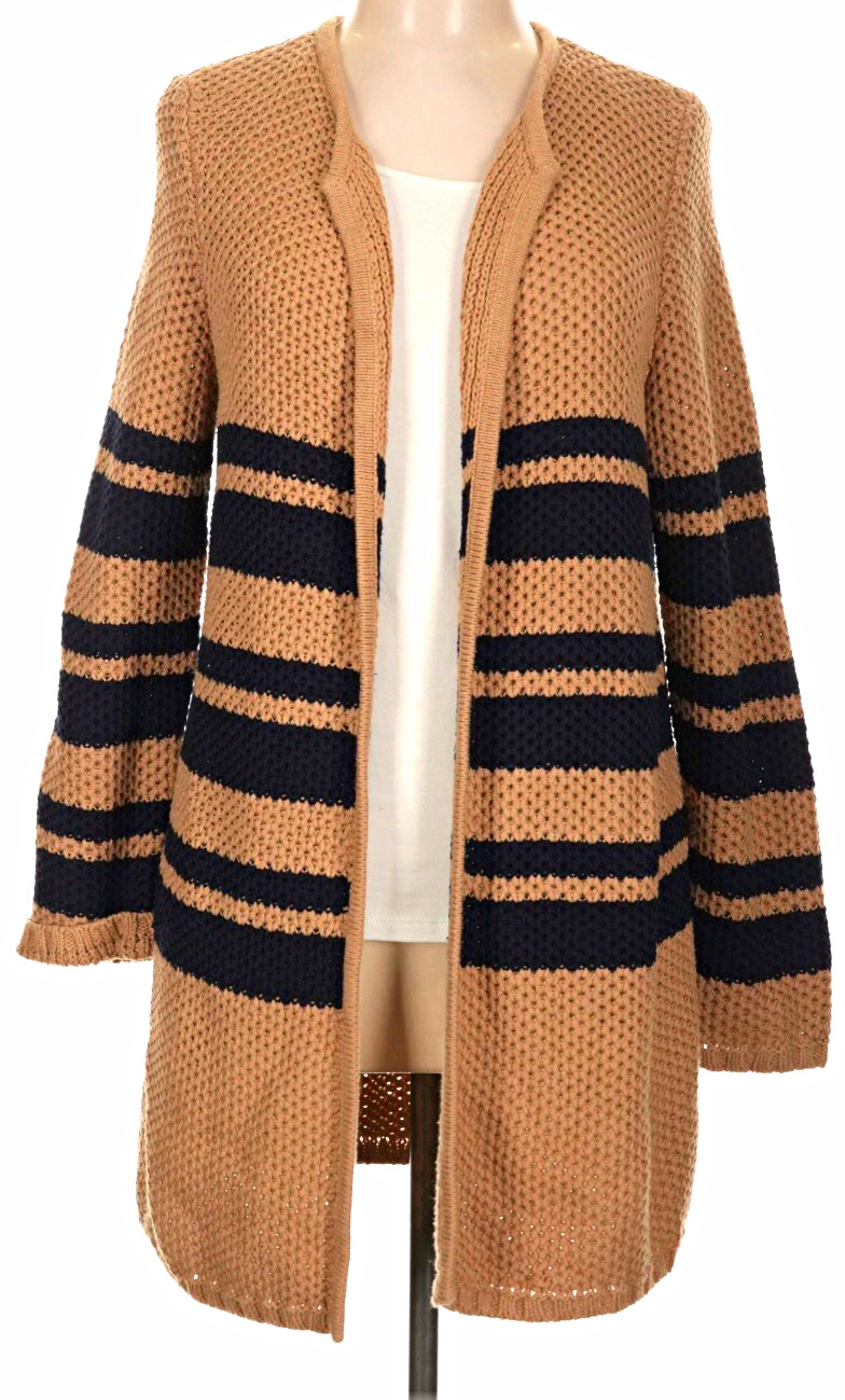 Talbots Women\'s Petite 2XP Camel Navy Striped Knit Open Front Cardigan Sweater Talbots Women\'s Petite 2XP Camel Navy Striped Knit Open Front Cardigan Sweater