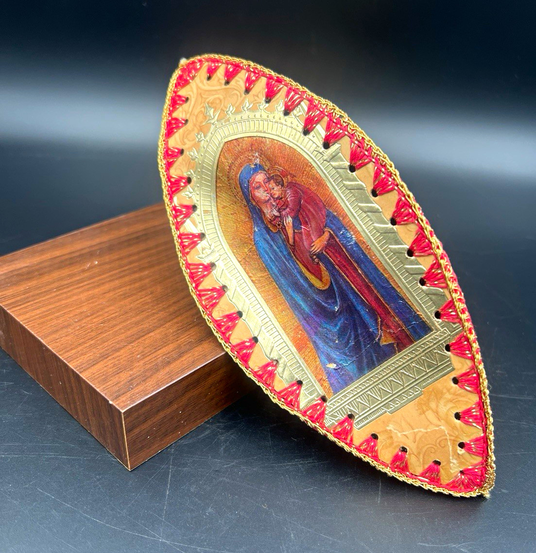 Vintage Handmade 3-Sided Christmas Ornament Mary & Jesus, Bells, Candle