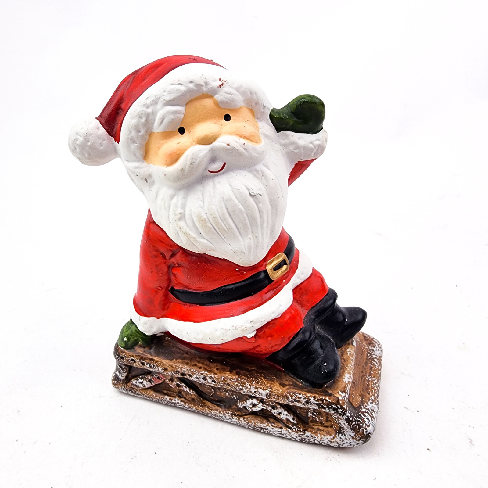 Vintage Ceramic Christmas Santa On Sled Figurine Hand Painted Holiday Decor