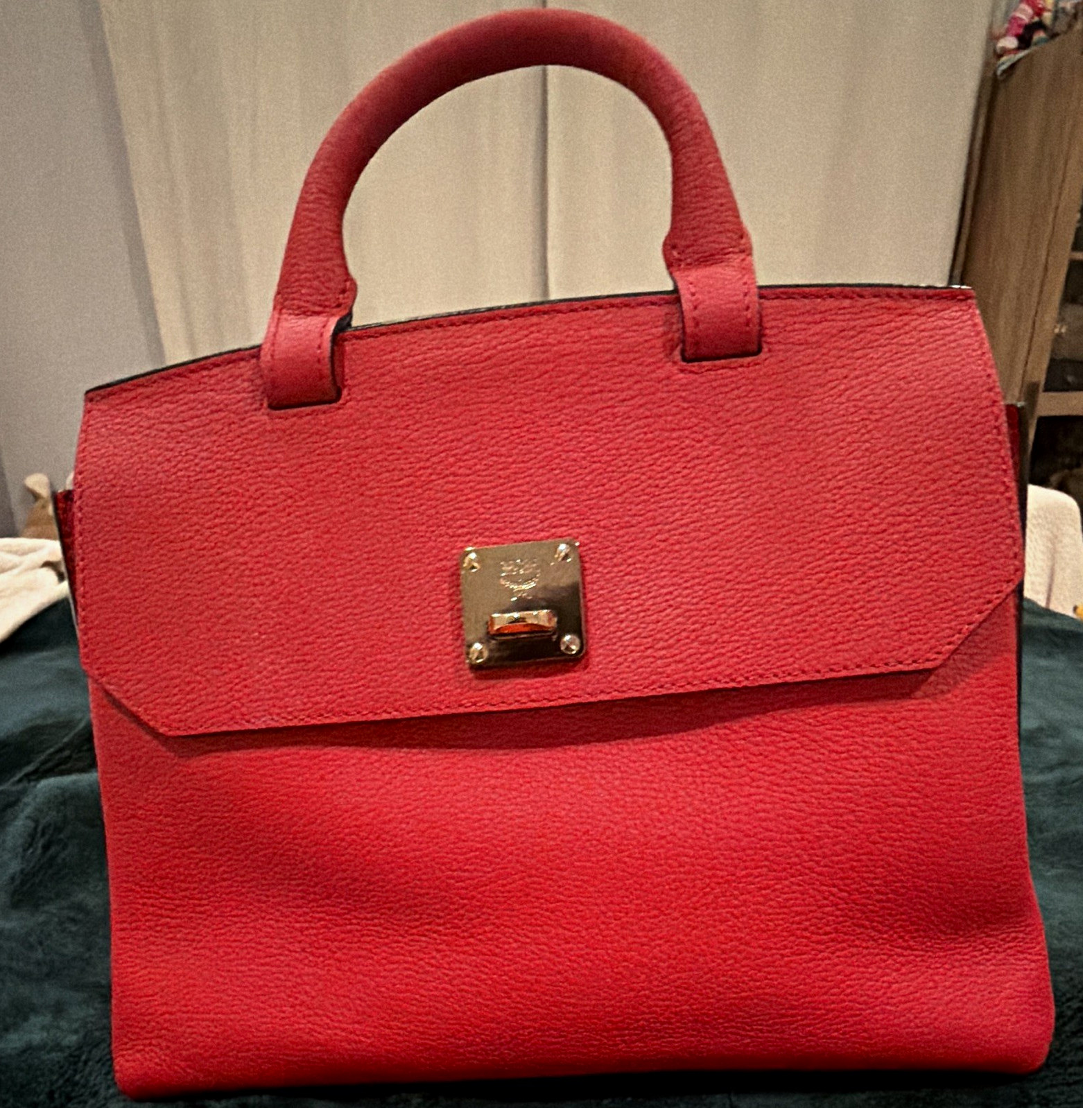 MCM Red Pebbled Top Handle Satchel Push Lock, Detachable Strap, Pockets