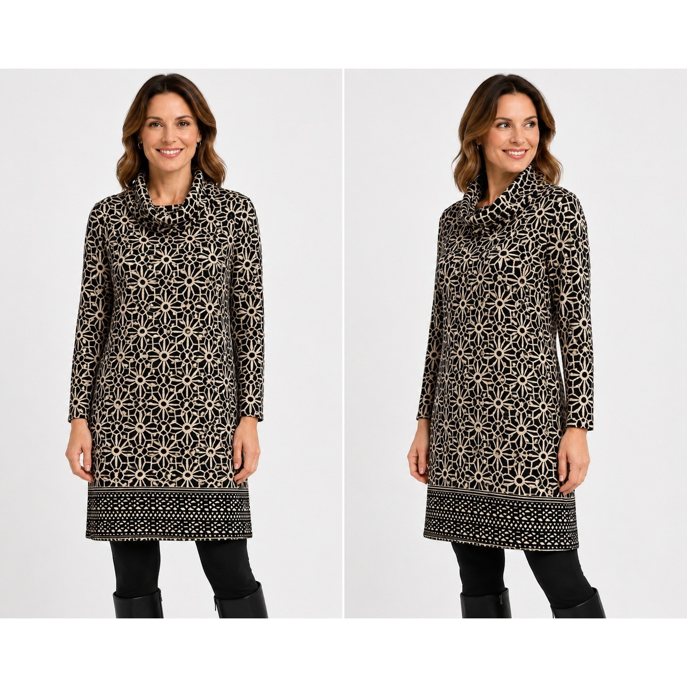 Tacera Petite PXL Black Tan Geometric Cowl Neck Knit Tunic Dress 1630HP NEW Tacera Petite PXL Black Tan Geometric Cowl Neck Knit Tunic Dress 1630HP NEW