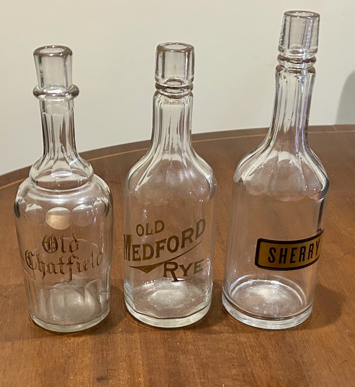 3 Pre Prohibition Back Bar Bottles Old Chatfield, Old Medford Rye, and Sherry 3 Pre Prohibition Back Bar Bottles Old Chatfield, Old Medford Rye, and Sherry