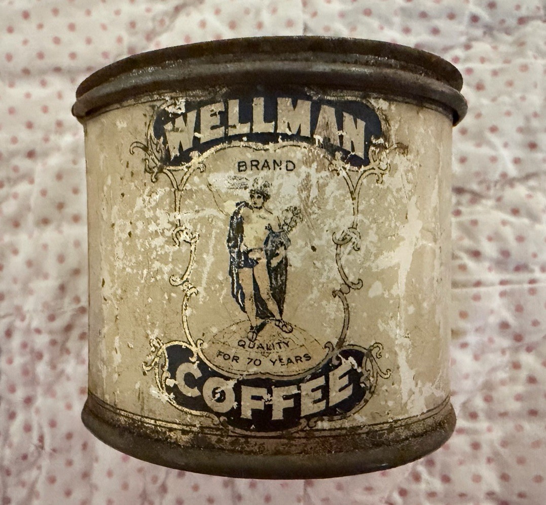 Antique Wellman Coffee Sample Can Tin - Rust Vintage Small 1919-1925 Antique Wellman Coffee Sample Can Tin - Rust Vintage Small 1919-1925