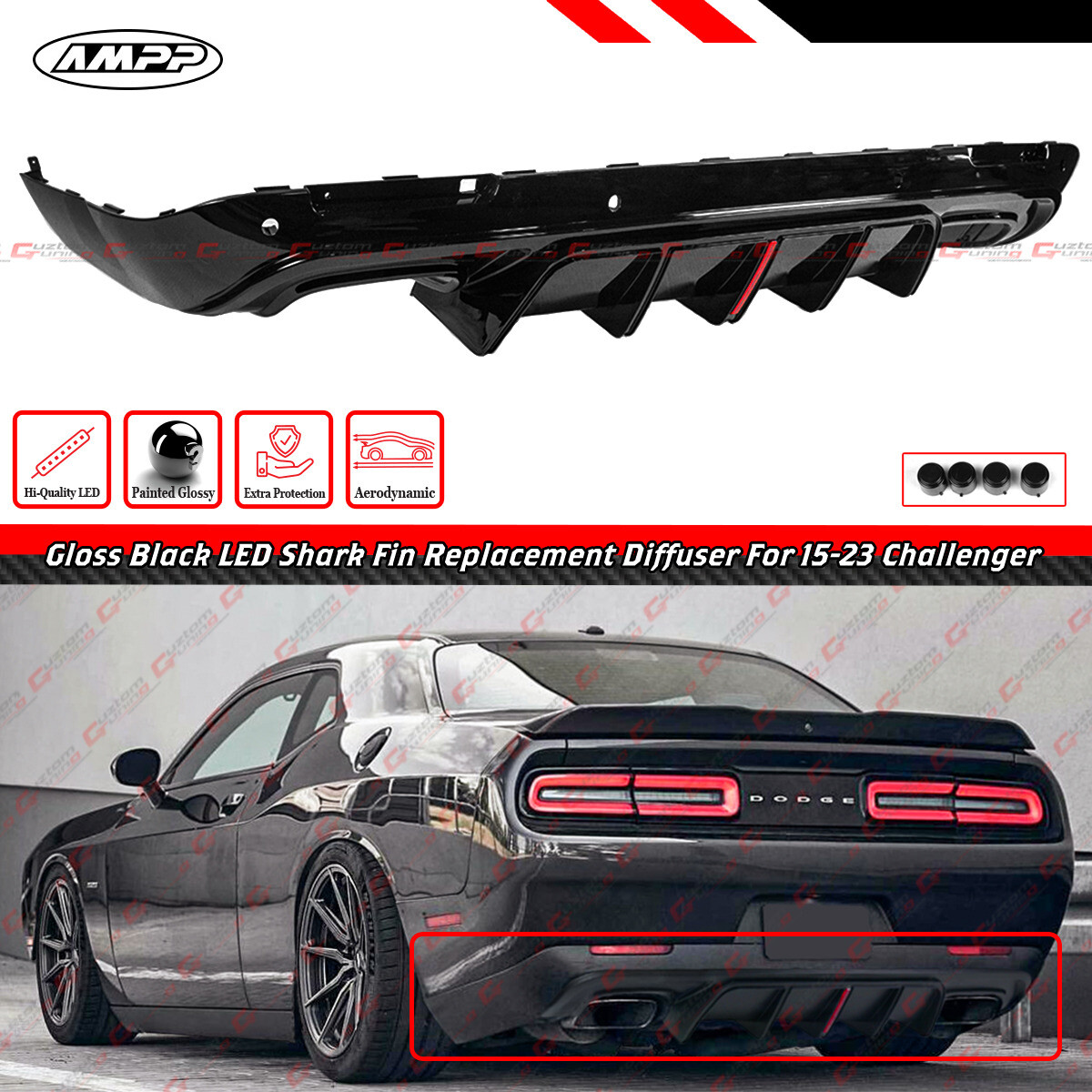 For 15-23 Dodge Challenger AMPP LED Gloss Black Rear Bumper Diffuser Replacement For 15-23 Dodge Challenger AMPP LED Gloss Black Rear Bumper Diffuser Replacement