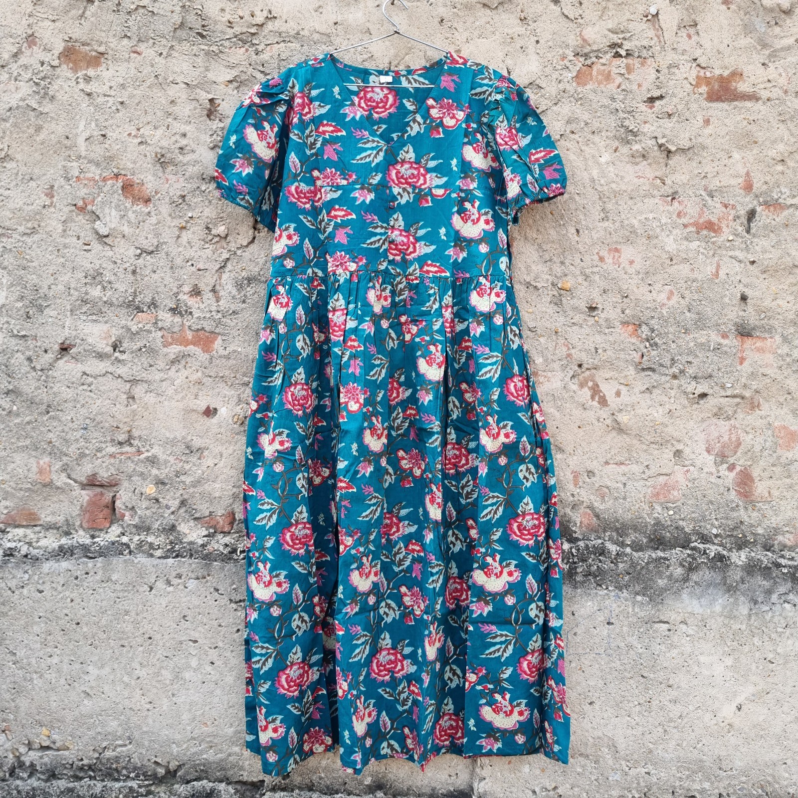 Indian Floral Cotton Midi Dress Boho Summer Casual Tiered Green Dress